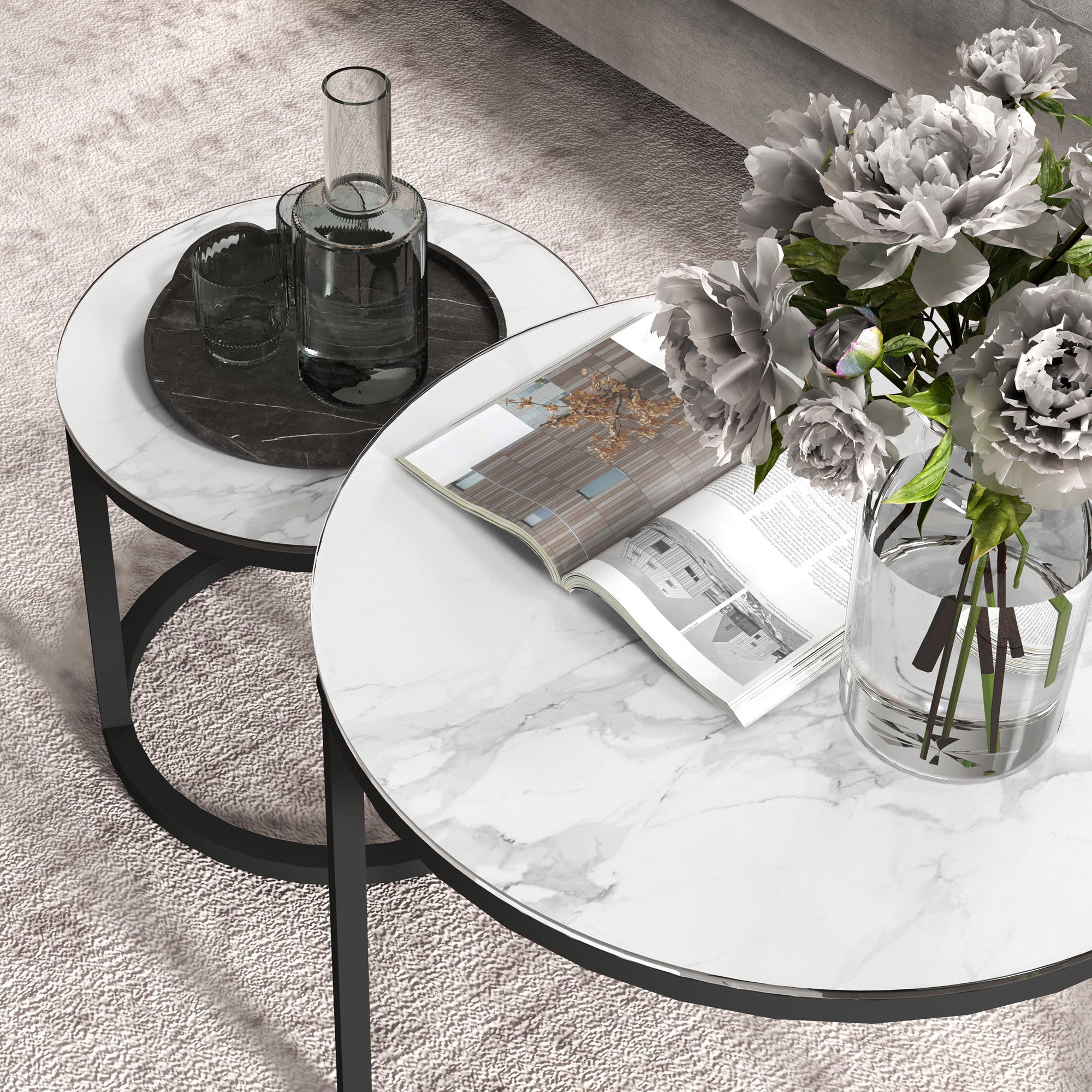 HOMCOM Glass Coffee Table Set of 2, Round Nest of Tables with Marble-Effect Tempered Glass Tabletop and Steel Frame, Modern Side Tables for Living Room, White - North Peak Garden Furniture