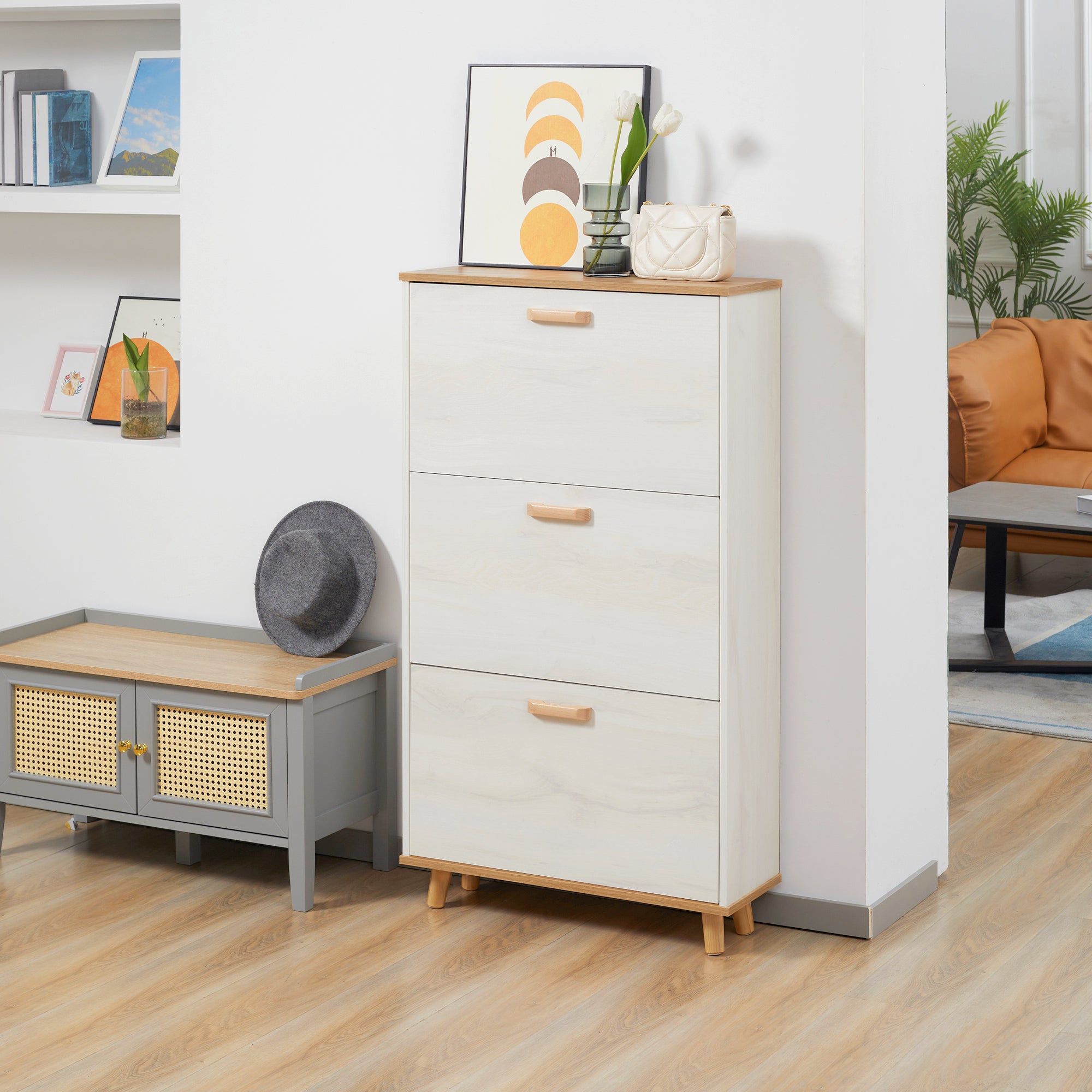 HOMCOM Narrow Shoe Cabinet, Slim Shoe Storage Cabinet with 3 Flip Drawers and Adjustable Shelves, 12 Pair of Shoes Organizer for Hallway, Entryway, Cream White - North Peak Garden Furniture