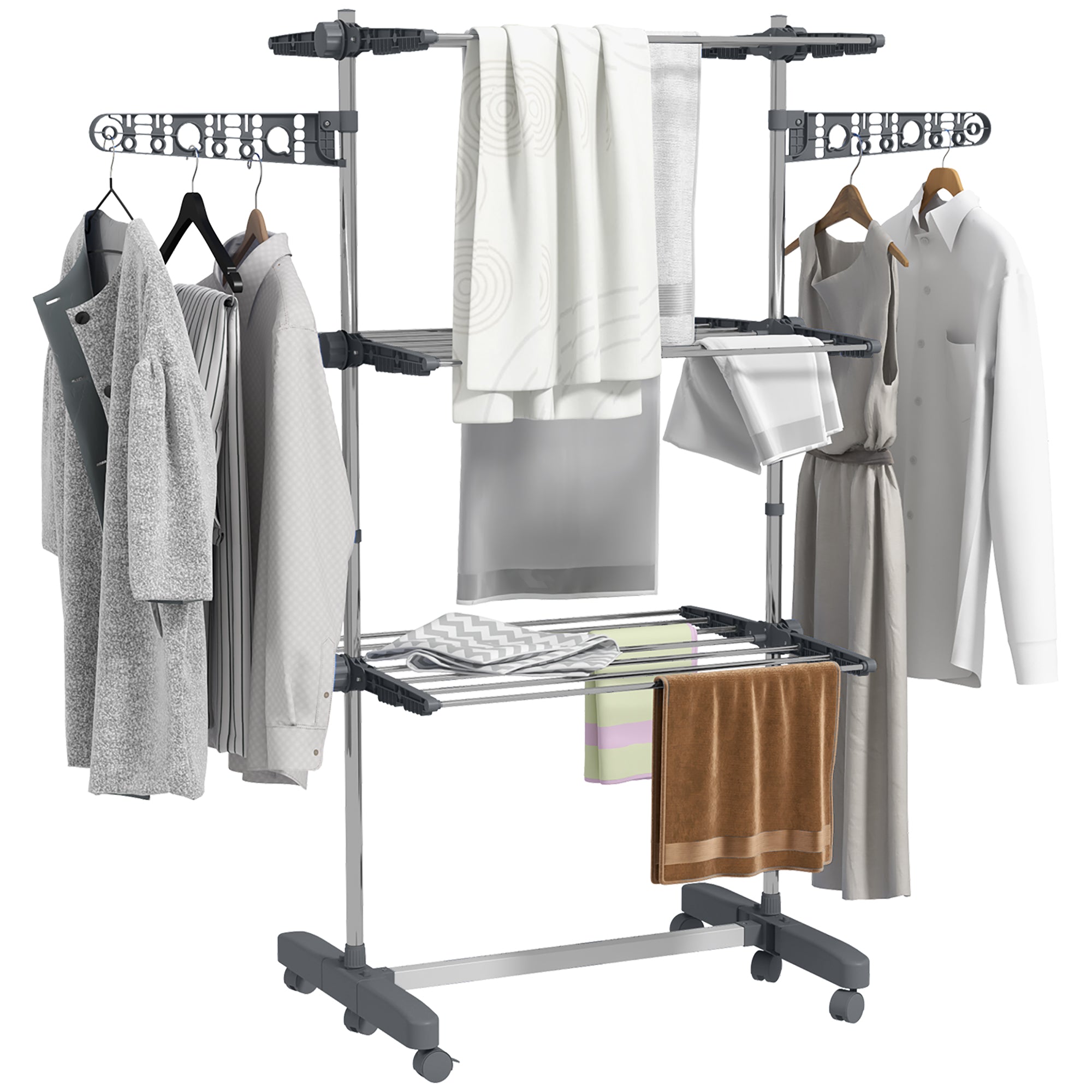 HOMCOM Three-Shelf Collapsing Clothes Horse, With Side Arms and Wheels - Grey - North Peak Garden Furniture