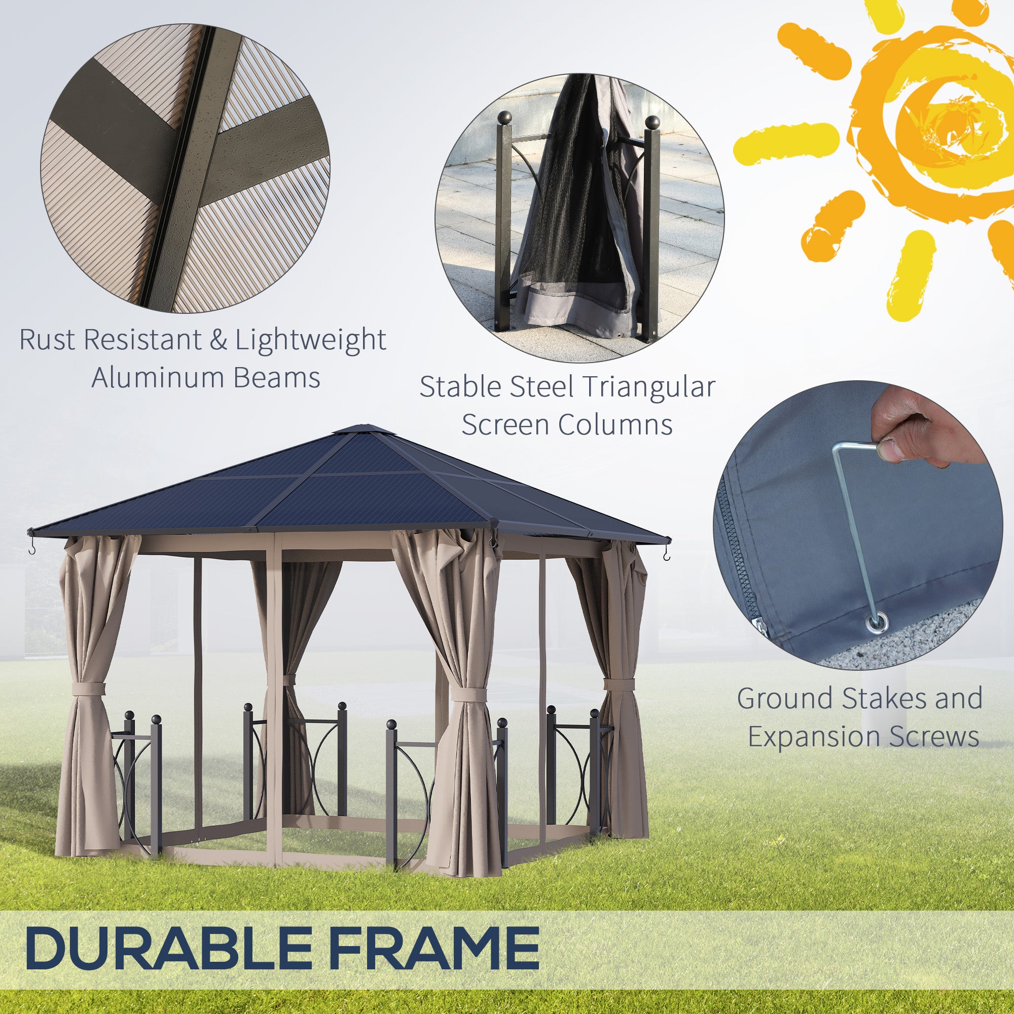 Outsunny 3 x 3(m) Hardtop Gazebo Canopy with Polycarbonate Roof, Steel & Aluminium Frame, Garden Pavilion with Mosquito Netting and Curtains, Black