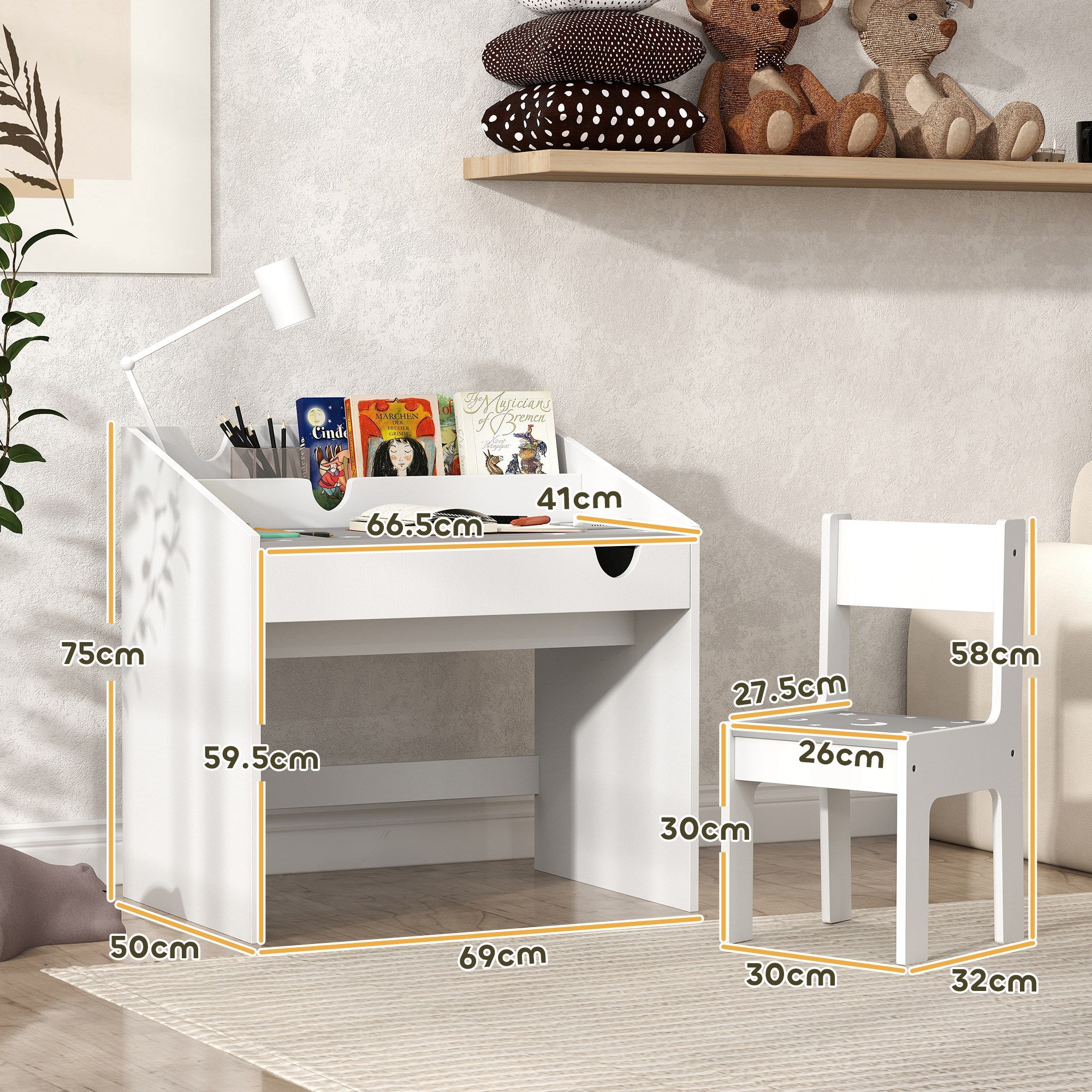 AIYAPLAY Children Study Table and Chair, Kids Desk and Chair Set with Storage, Pull-out Drawer, Gift for 3-6 Years Old - Grey - North Peak Garden Furniture