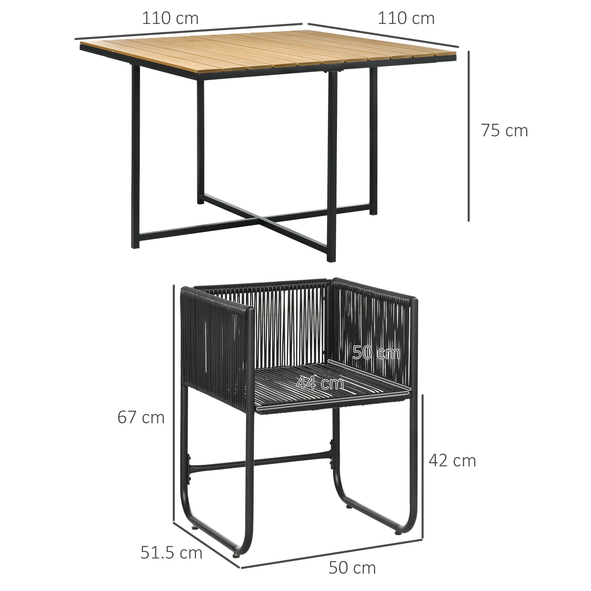 Outsunny 4 Seater Rattan Cube Garden Furniture Set, Rattan Dining Set with Cushions, Outdoor Dining Table and Chairs with Rectangular Wood Grain Plastic Top Table for Patio, Balcony, Black