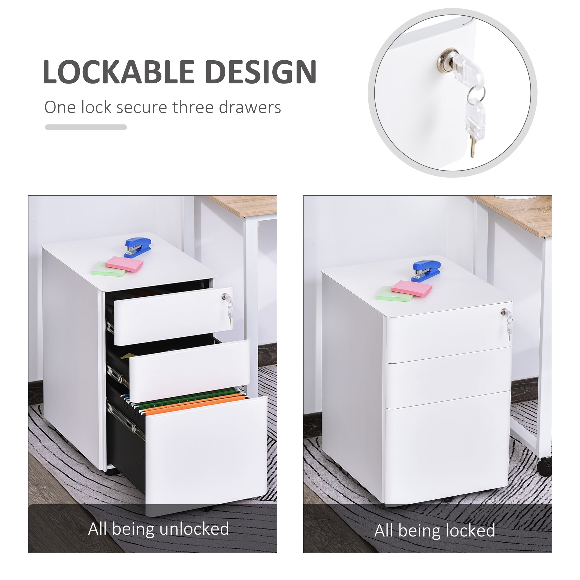 Vinsetto Lockable Cabinet, Rolling Filing Cabinet with 3 Drawers, Steel Office Drawer Unit for A4, Letter, Legal Sized Files - North Peak Garden Furniture