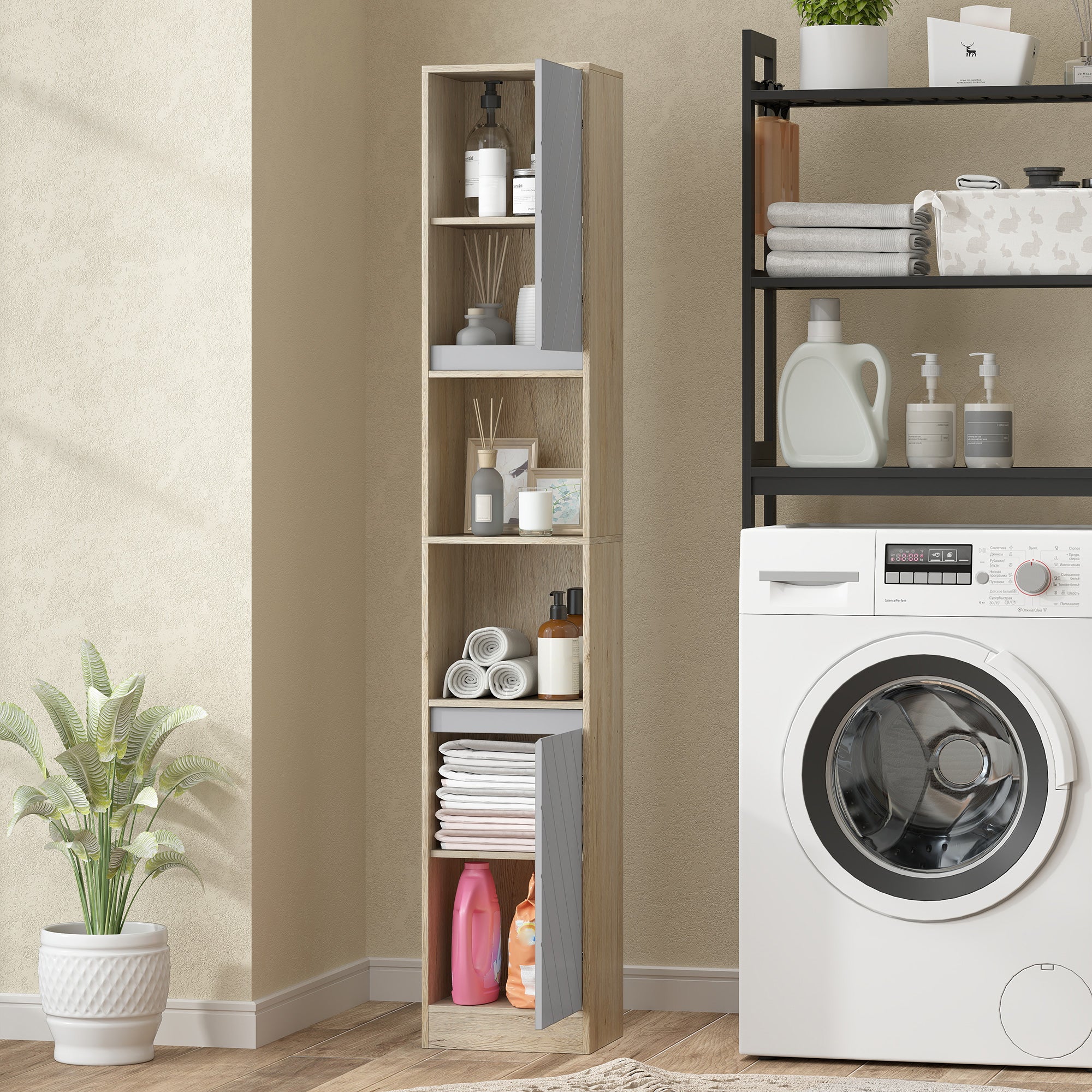 HOMCOM Freestanding Bathroom Storage Cabinet w/ 2 Cupboards 2 Compartments Home Organisation Anti-Tipping Elevated Base 30L x 24W x 170H cm Grey&Brown