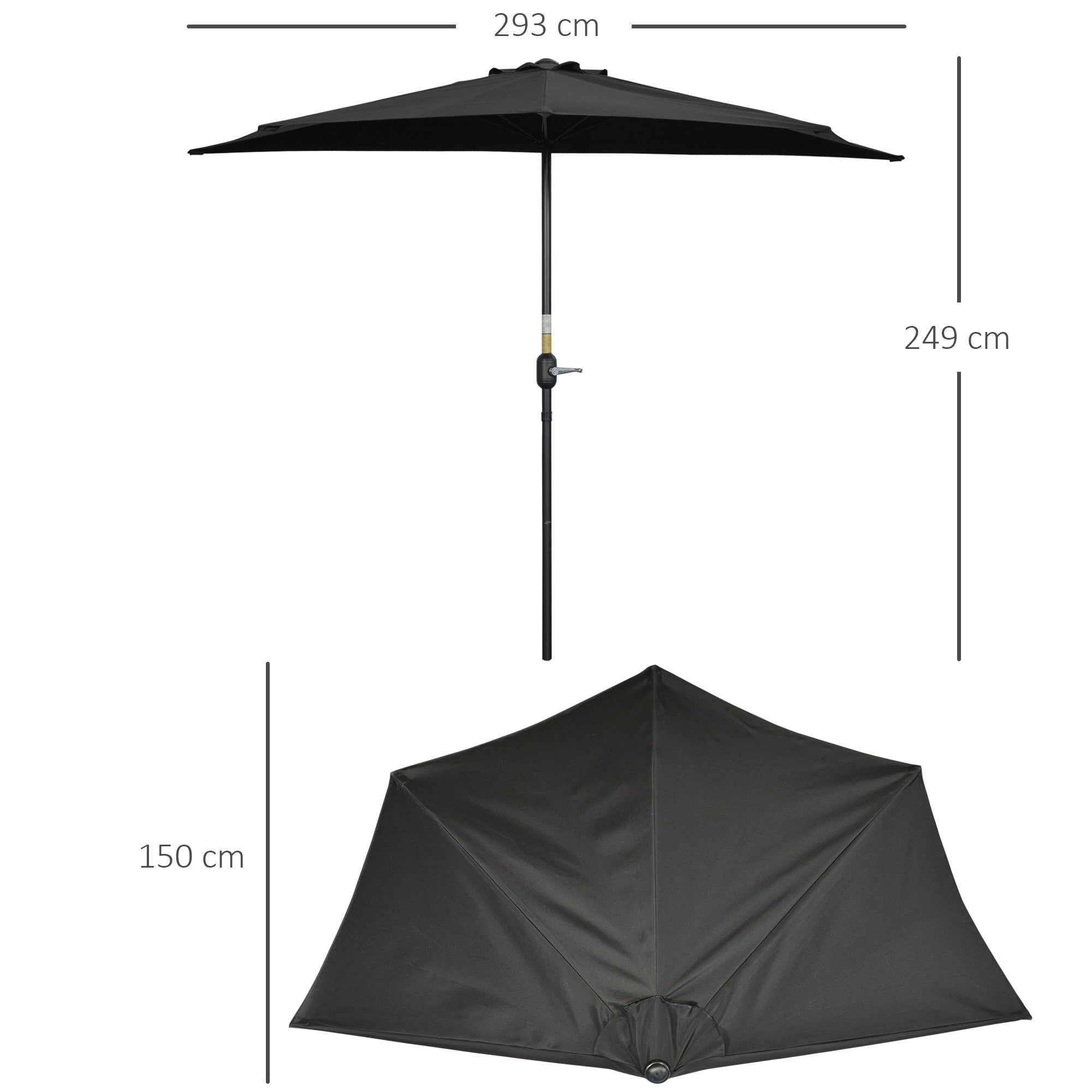 Outsunny 3(m) Half Parasol Semi Round Umbrella Patio Metal Frame Crank Handle for Balcony-- NO BASE INCLUDED, Black - North Peak Garden Furniture
