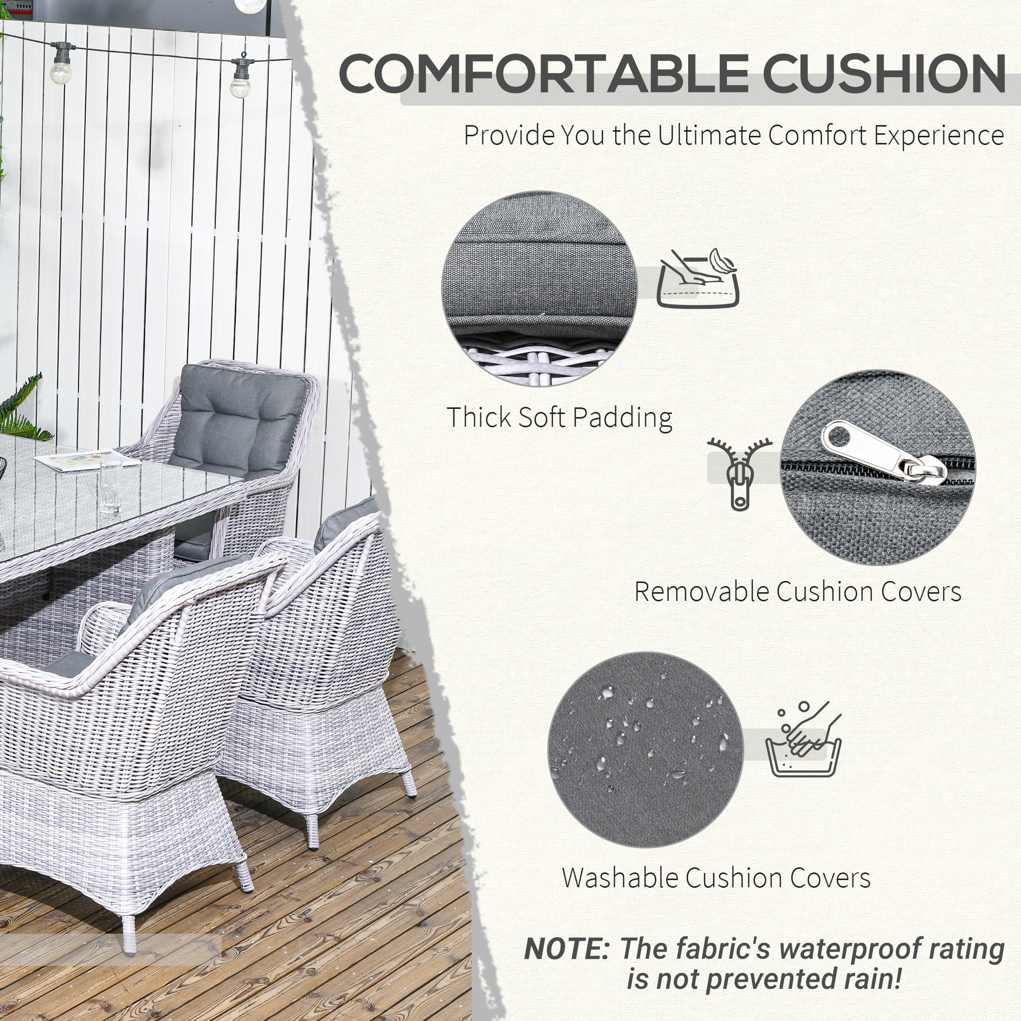 Outsunny 6 Seater Rattan Dining Set, Round PE Rattan Garden Furniture Set with Seat and Back Cushions, Aluminium Outdoor Dining Table and Chairs with 6 Armchairs, Rectangular Glass Top Table, Grey - North Peak Garden Furniture