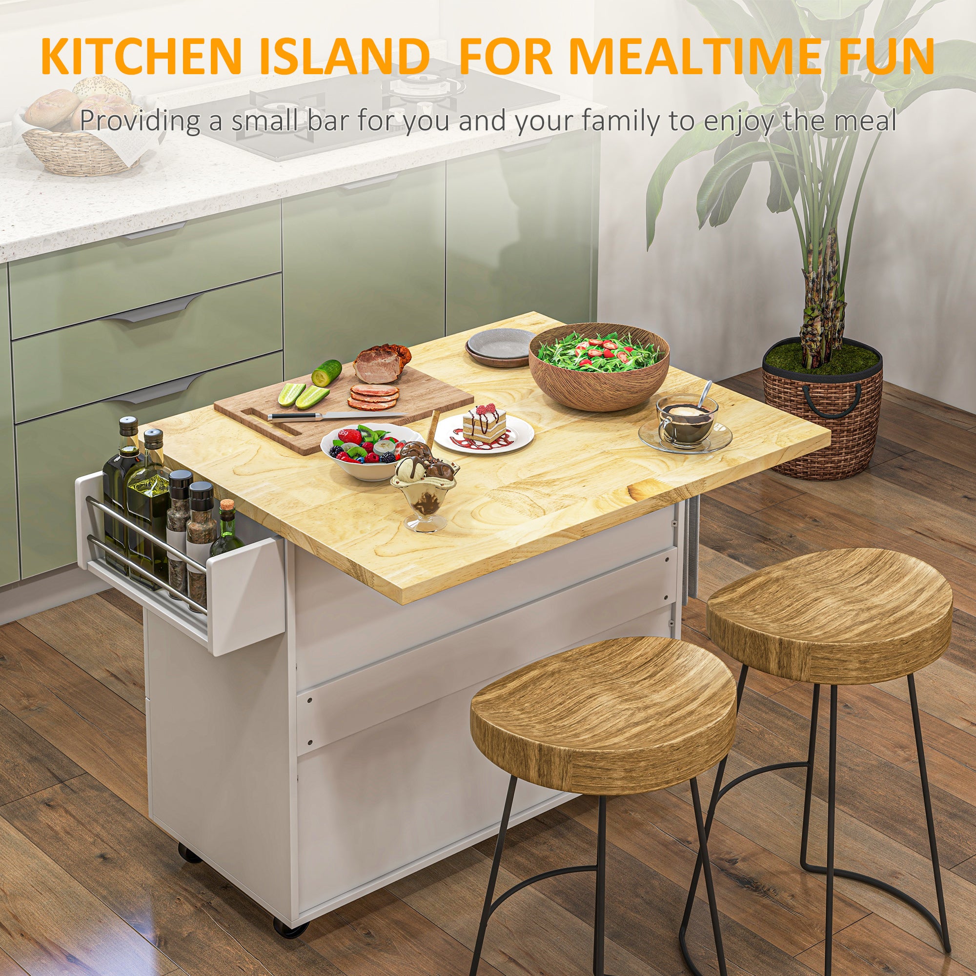 HOMCOM Drop-Leaf Kitchen Island on Wheels Utility Storage Cart with Drawers & Cabinet for Kitchen, Dining & Living Room - North Peak Garden Furniture