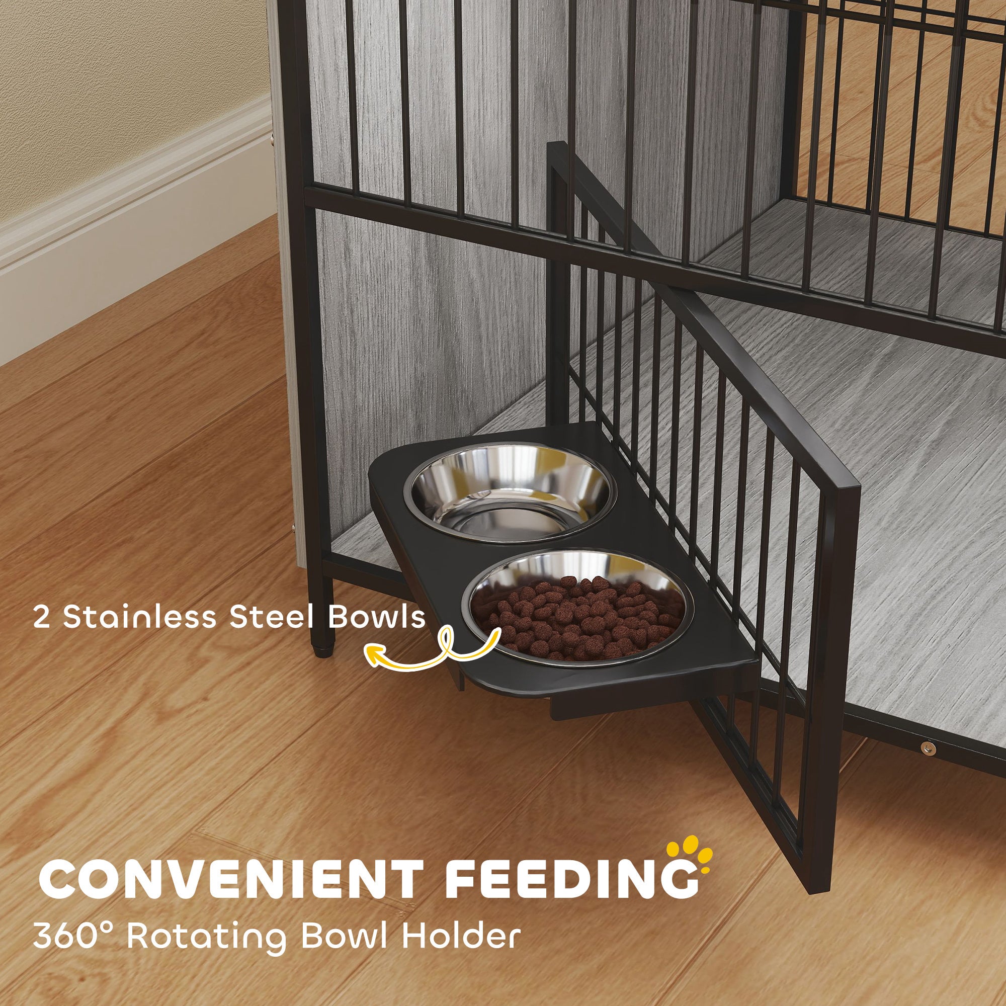 PawHut Dog Crate Furniture with Rotating Bowl Holder, 2 Bowls, 2 Doors, for Medium Dogs, 80 x 56 x 76.5 cm, Grey - North Peak Garden Furniture