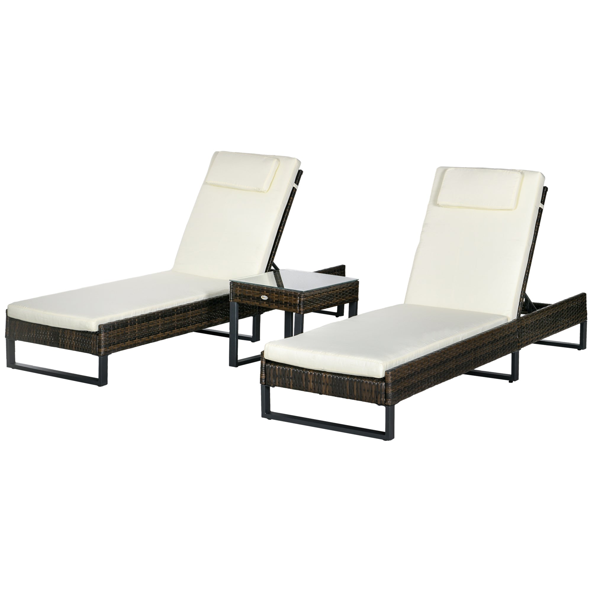 Outsunny Three-Piece Reclining Lounger Set, with Glass-Top Table - Cream