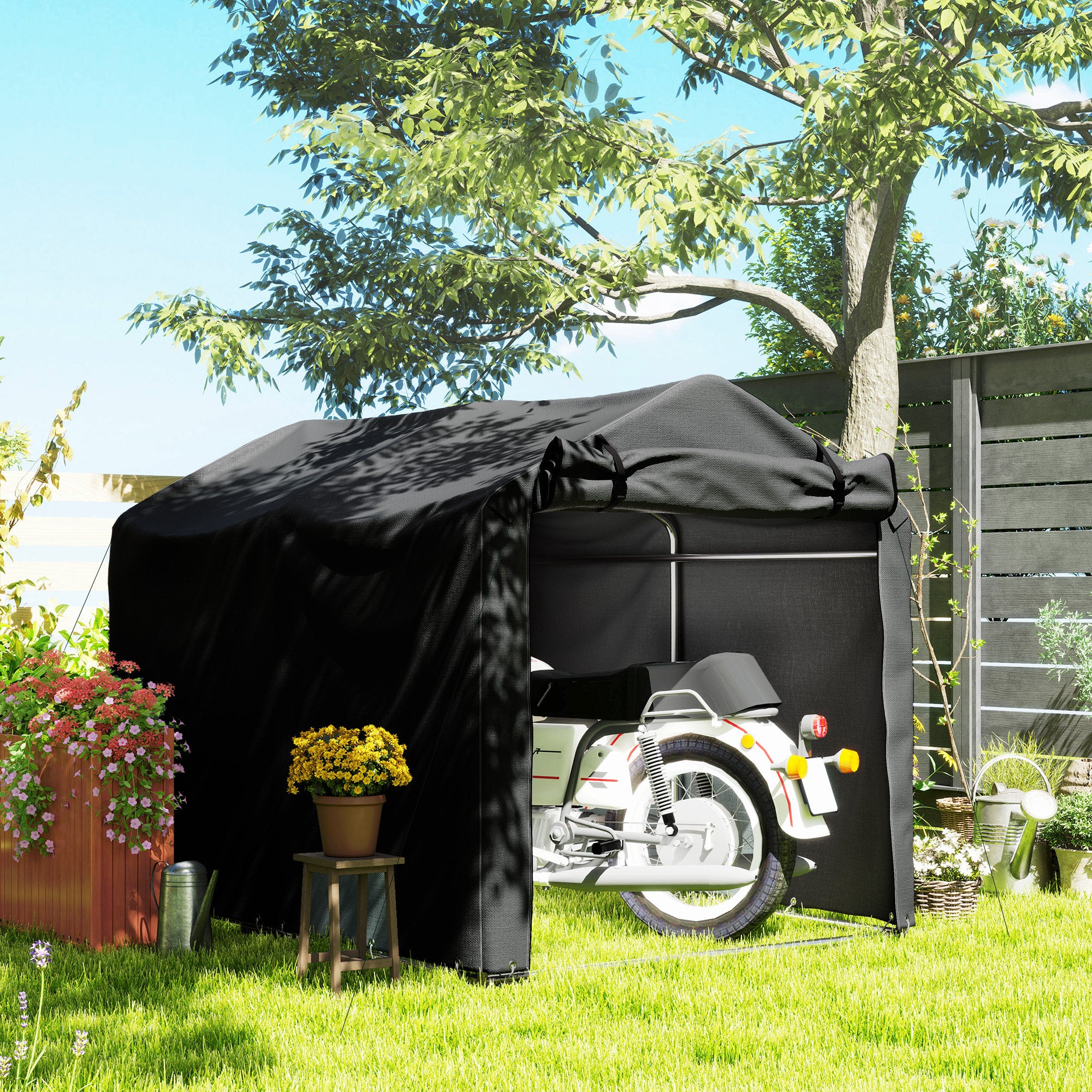 Outsunny 2.2 x 1.6 m Garden Storage Tent, Waterproof Anti-UV Bike Tent with Roll-up Zipper Door, Galvanised Outdoor Storage Shelter Carport for Bike, Motorbike, Garden Tools, Black - North Peak Garden Furniture