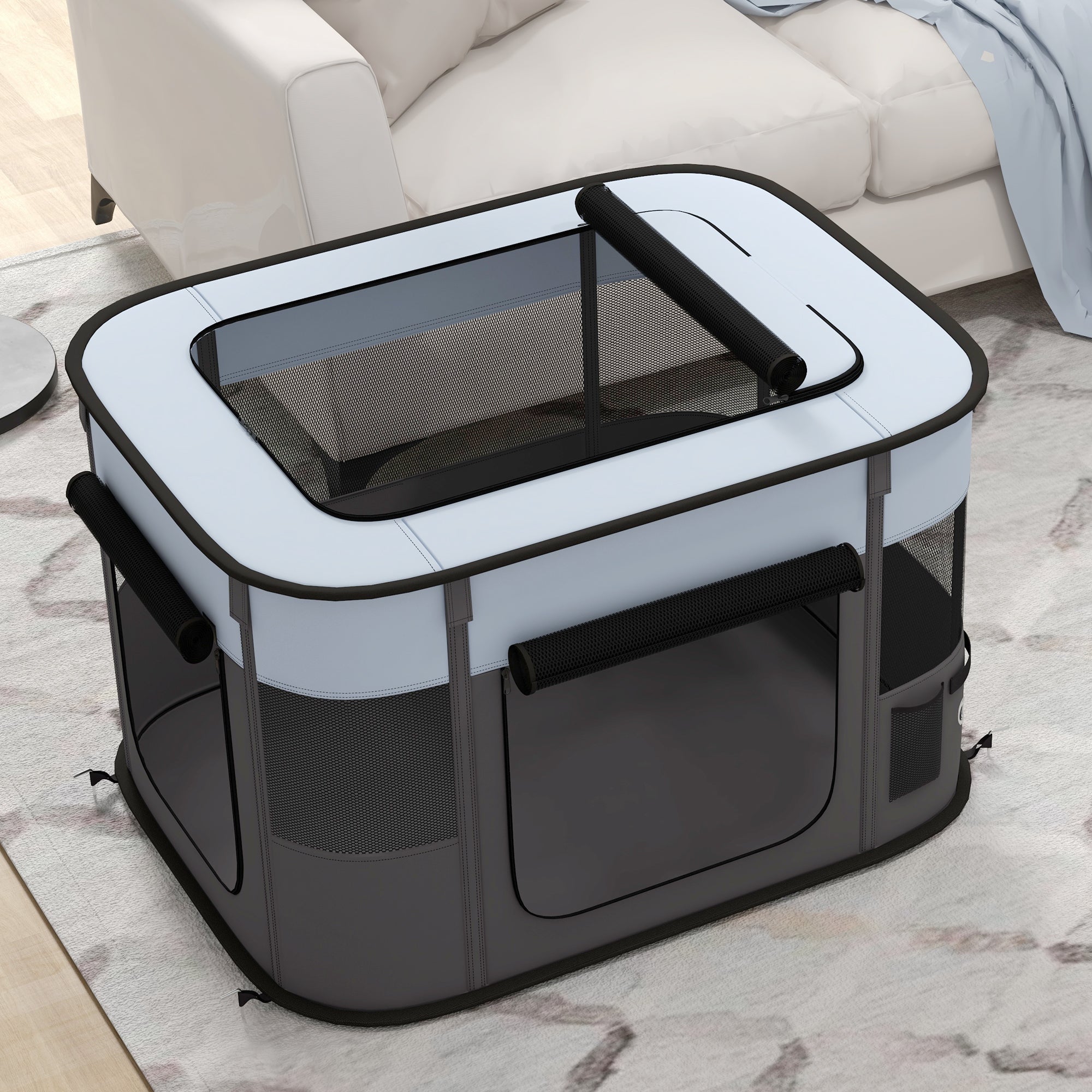 PawHut Foldable Dog Pen with Storage Bag for Indoor/Outdoor Use, Portable Pet playpen, with Ground Stakes - Grey - North Peak Garden Furniture