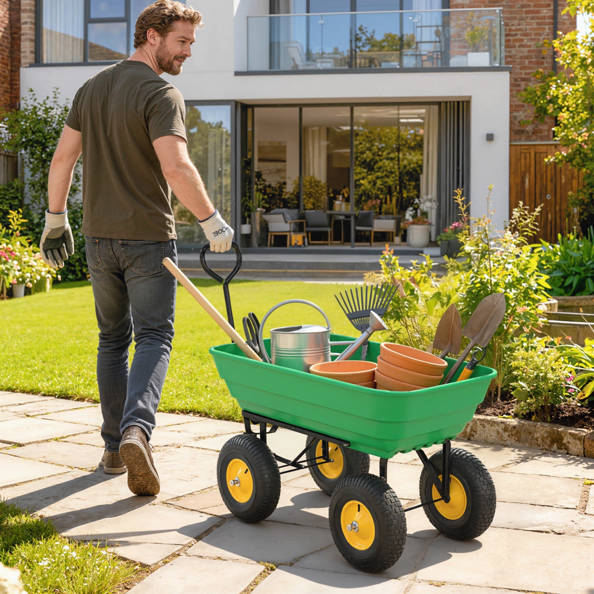 Outsunny 75 Litre Large Garden Cart Heavy Duty 4 Wheel Trolley Dump Wheelbarrow Tipping Truck Trailer - Green