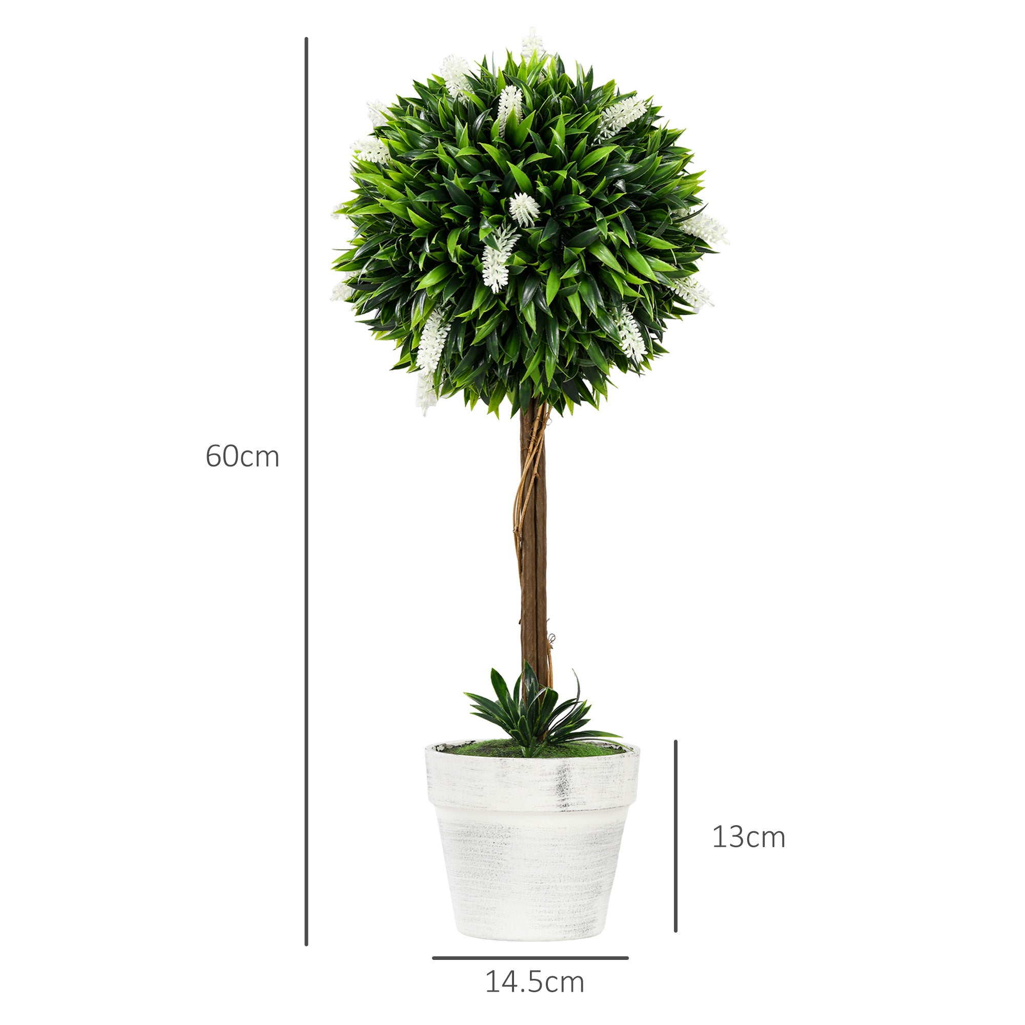 HOMCOM Set of 2 Decorative Artificial Plants Ball Trees with Flower for Home Indoor Outdoor Decor, 60cm ,White - North Peak Garden Furniture