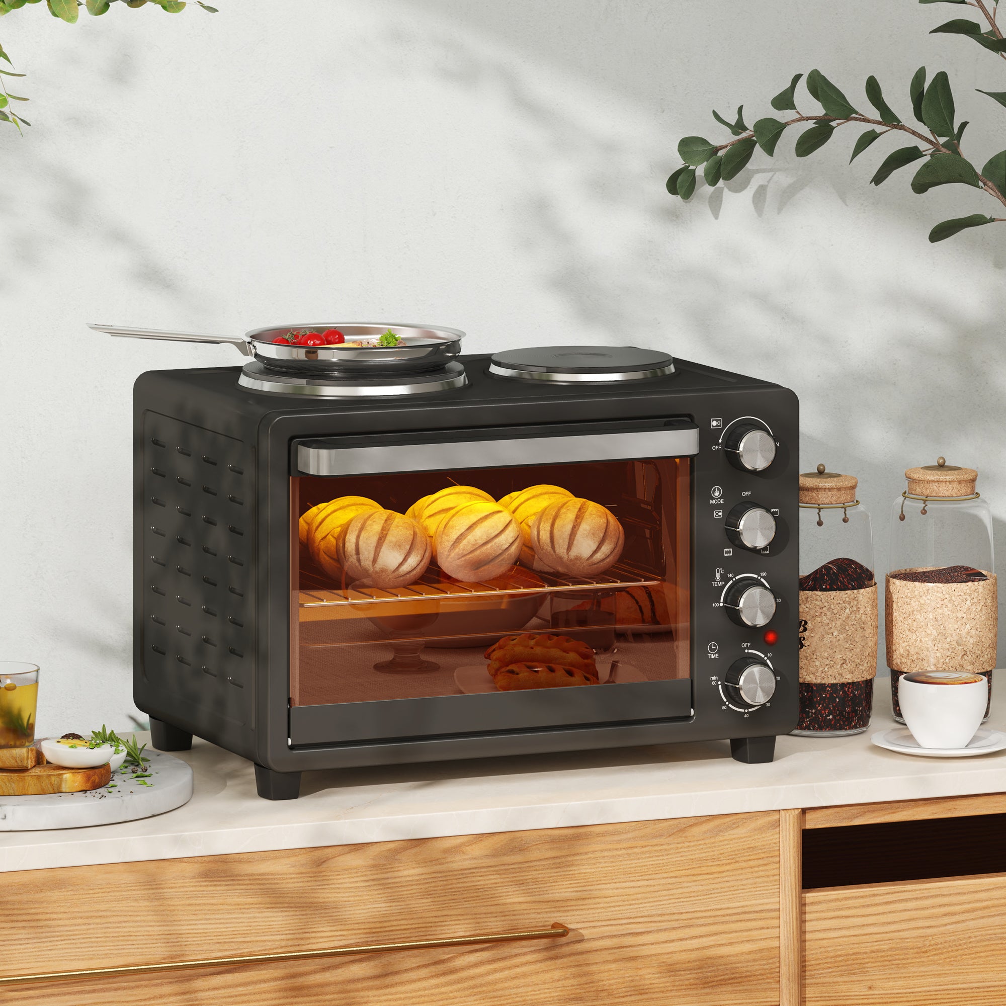 HOMCOM 28L Mini Oven with 2 Hot Plates, Countertop Toaster Oven, Grill, Roast, Bake, Boil, with Timer, Adjustable Temperature, Electric Oven with Baking Tray, Grill Rack, Crumb Tray, 2600W, Black - North Peak Garden Furniture