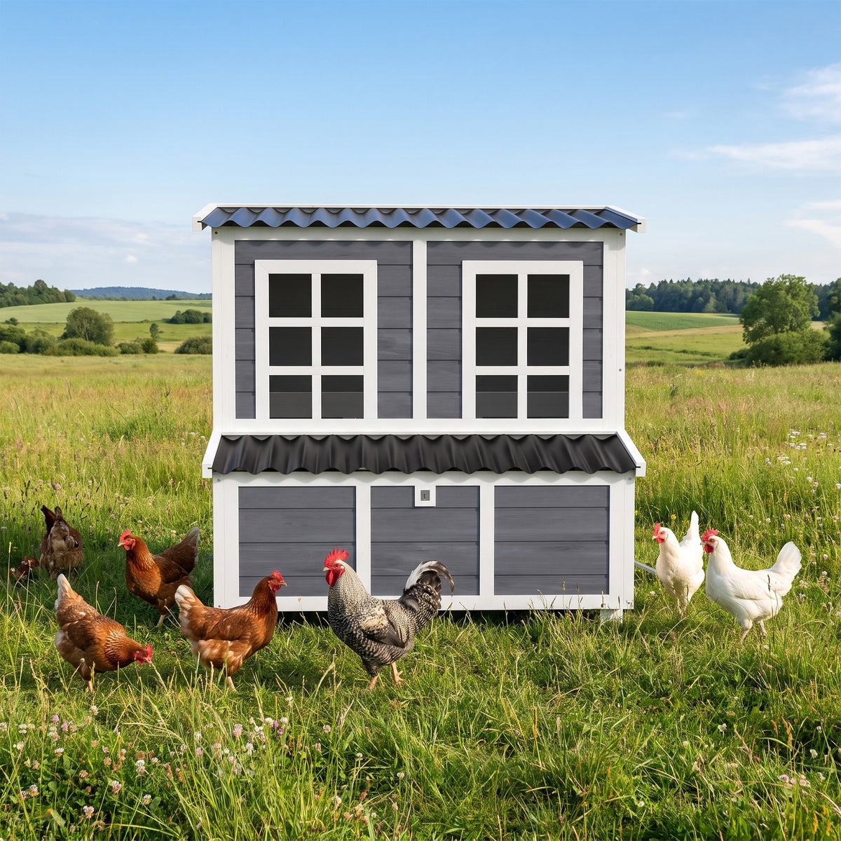 PawHut Wooden Chicken Coop with Nesting Box, Slide-Out Tray, Perches, for 2-4 Chickens, 100 x 86 x 100cm