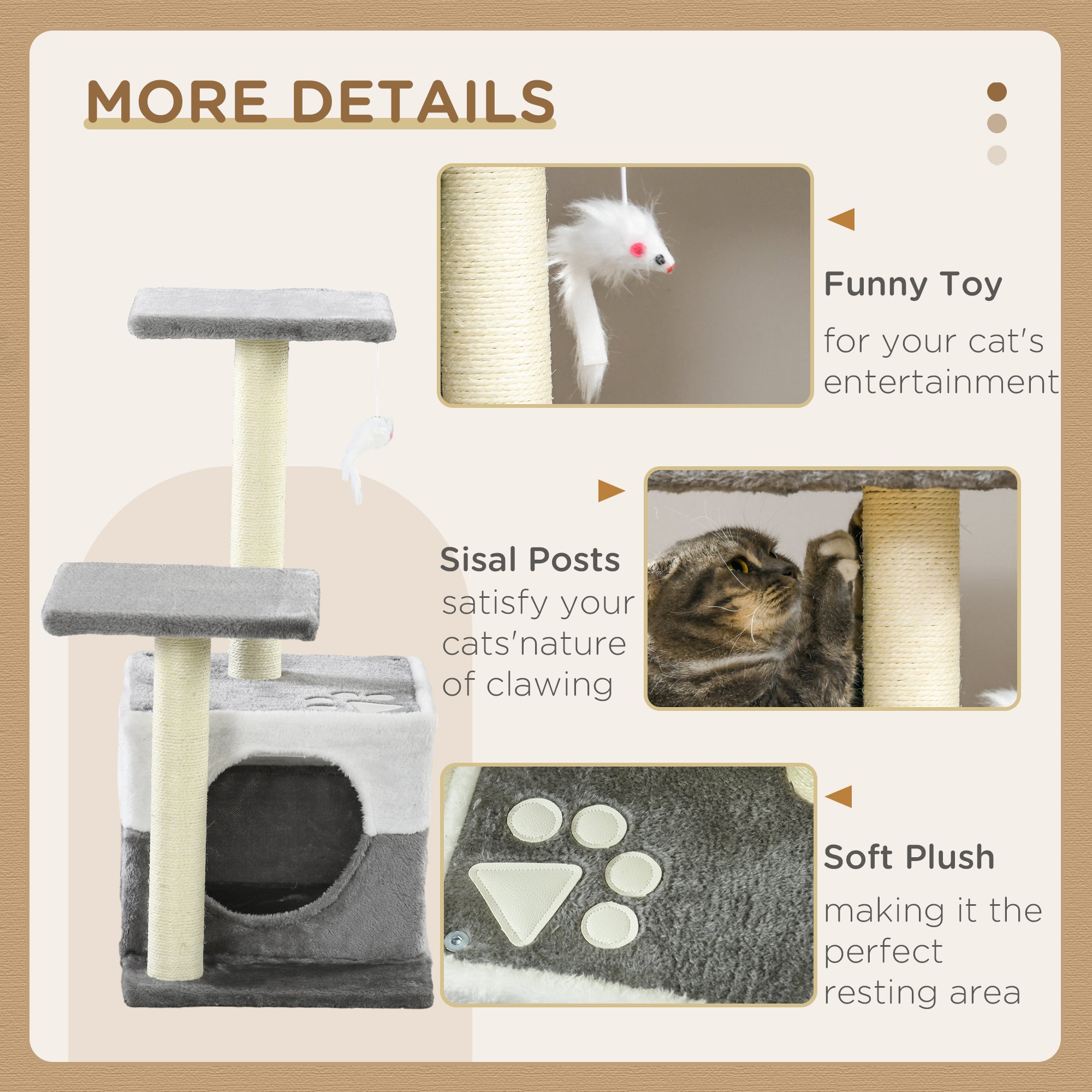 PawHut Cat Tree w/ Sisal Scratching Posts, House, Perches, Toy Mouse, Grey - North Peak Garden Furniture