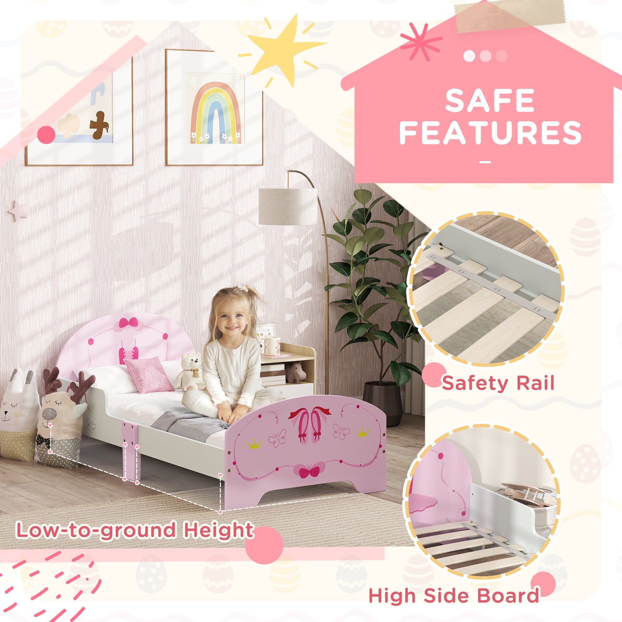 AIYAPLAY Ballet Theme Toddler Bed Frame with Safety Rails for 3-6 Years, 144 x 76.5 x 60 cm, Pink