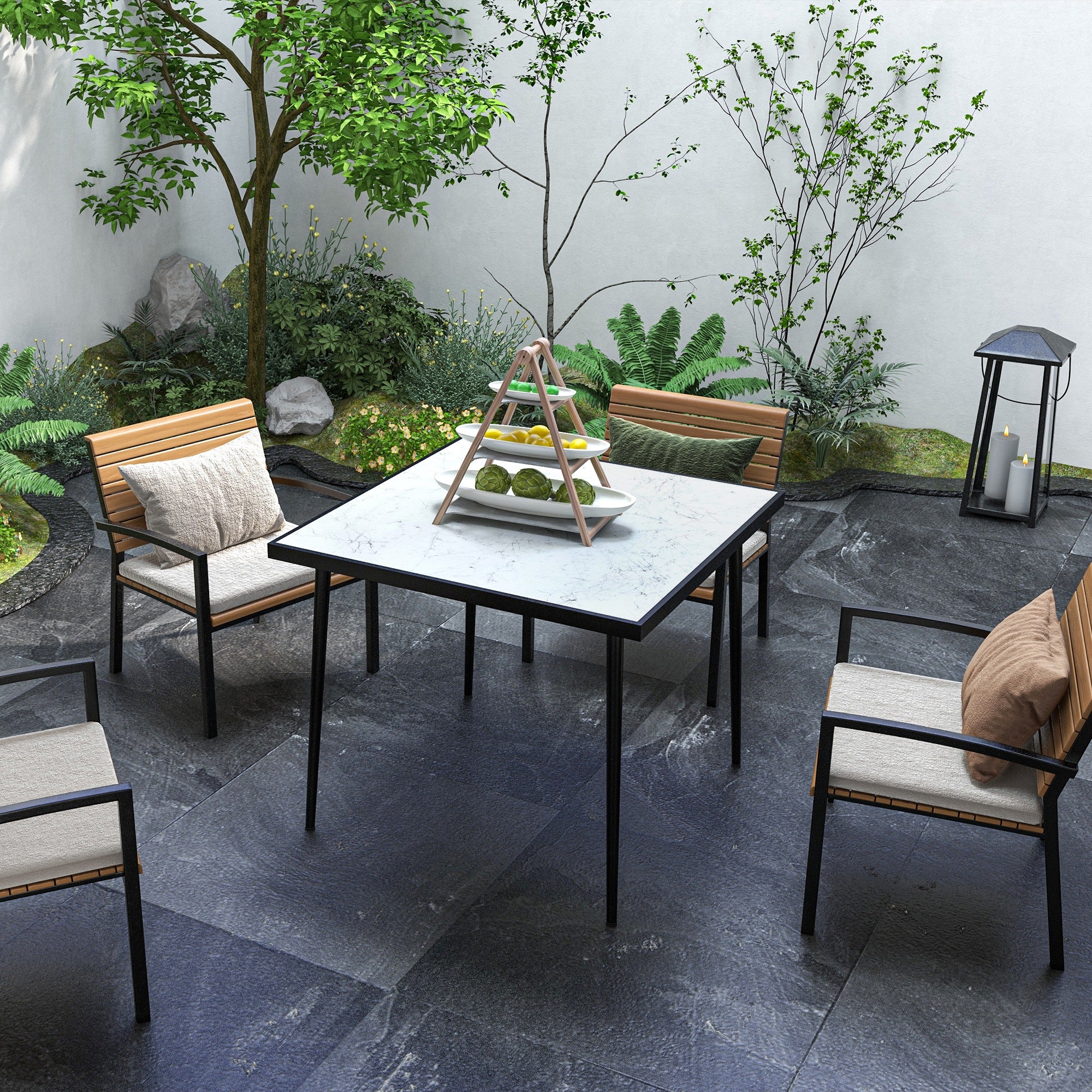 Outsunny Square Garden Table, Outdoor Dining Table for 4 with Marble Effect Tempered Glass Top and Steel Frame for Patio, White - North Peak Garden Furniture
