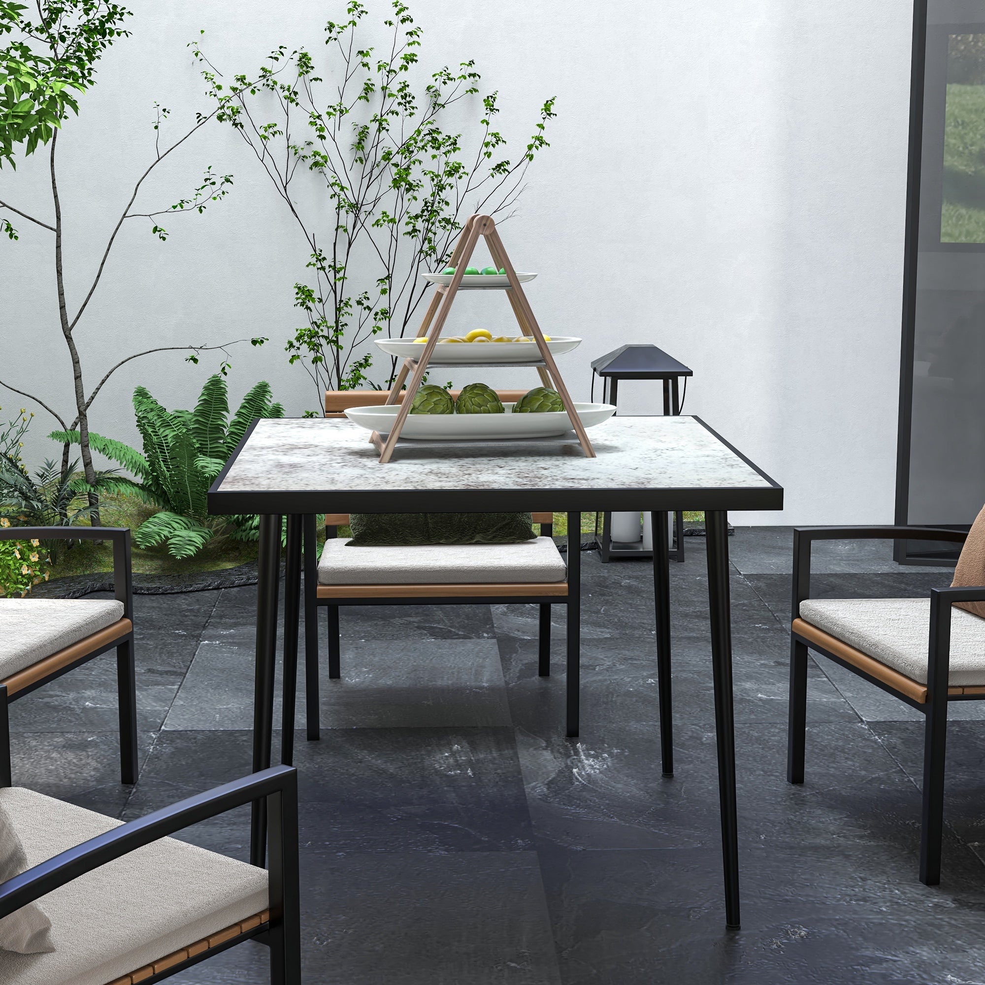 Outsunny Square Garden Table, Outdoor Dining Table for 4 with Marble Effect Tempered Glass Top and Steel Frame for Patio, Grey - North Peak Garden Furniture
