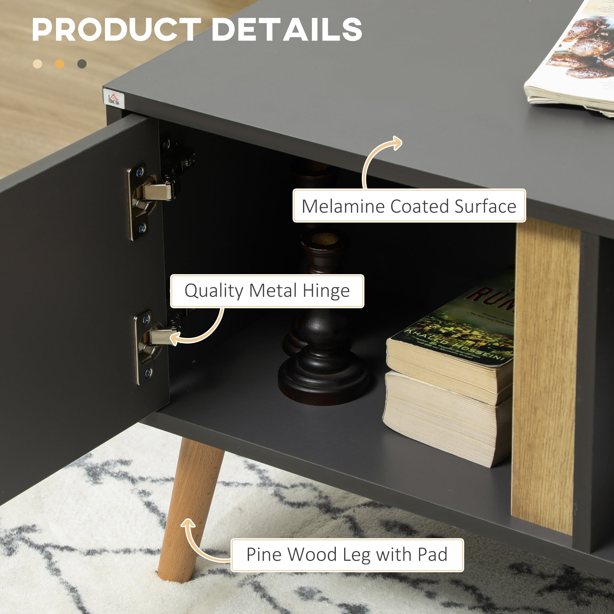 HOMCOM Coffee Table for Living Room, Modern Centre Table with Storage Compartments and Cabinets, Rectangular Side Table, 115x 58x 45cm, Grey - North Peak Garden Furniture
