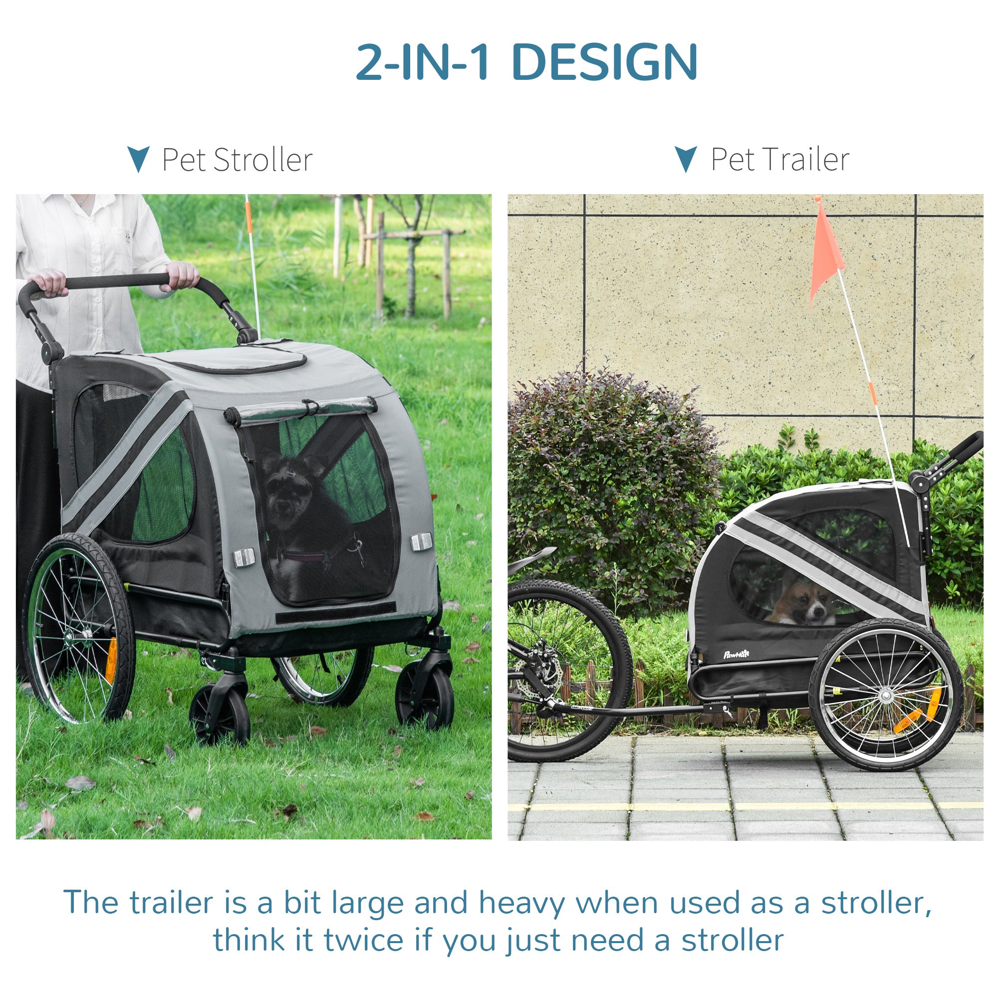 PawHut 2-In-1 Pet Bike Trailer Dog Stroller Pushchair with Universal Wheel Reflector Flag Grey