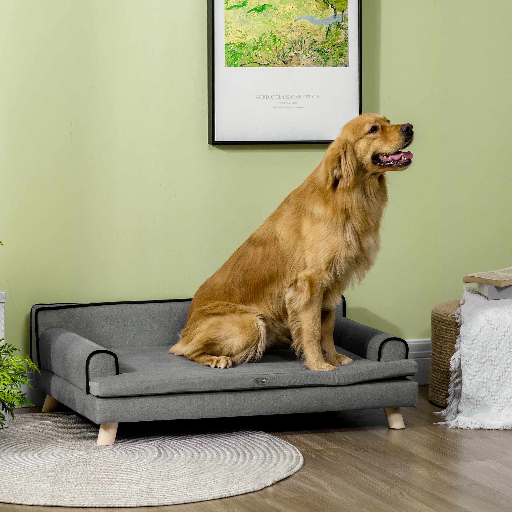 PawHut Dog Sofa, with Wooden Legs, Water-Resistant Fabric, for Medium & Large Dogs - Grey - North Peak Garden Furniture