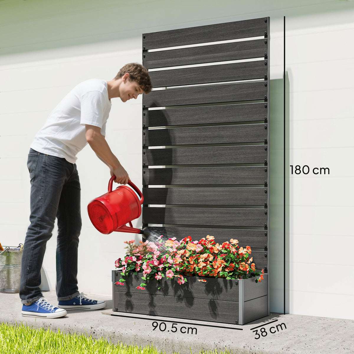 Outsunny Raised Bed for Garden, Planter with Trellis for Climbing Plants, Vines, Planter Box with Drainage Gap, Black
