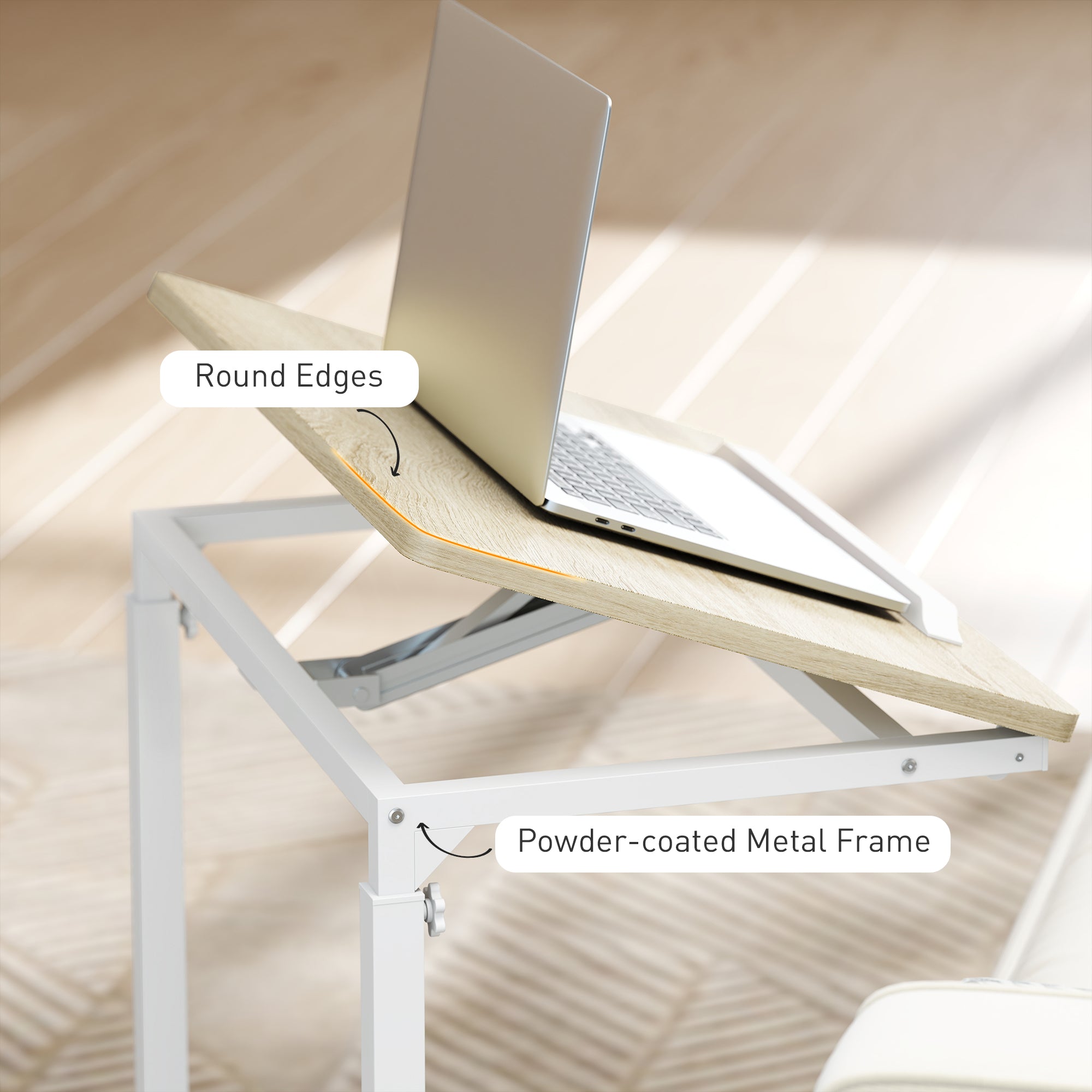 HOMCOM C-Shaped Sofa Side Table, Height Adjustable Overbed Table with Tilting Desktop, Mobile Laptop Desk for Living Room Bedroom, Oak and White - North Peak Garden Furniture