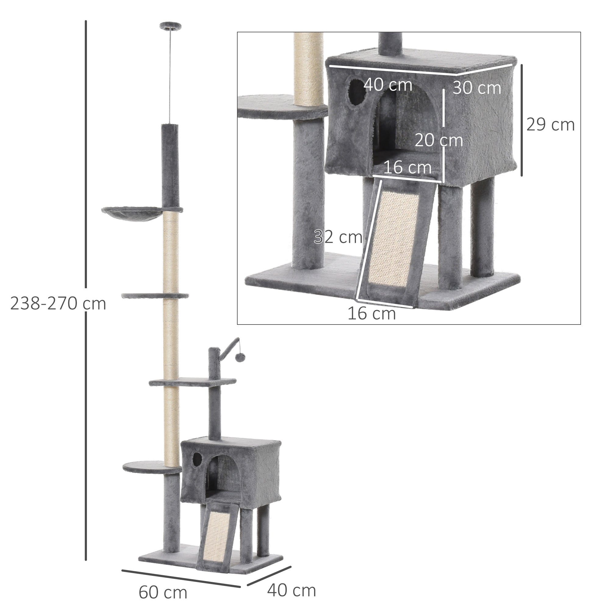 PawHut 270cm Floor To Ceiling Cat Tree Cat House Scratching Post for Indoor Cats Hammock Hanging Ball Activity Center Grey - North Peak Garden Furniture