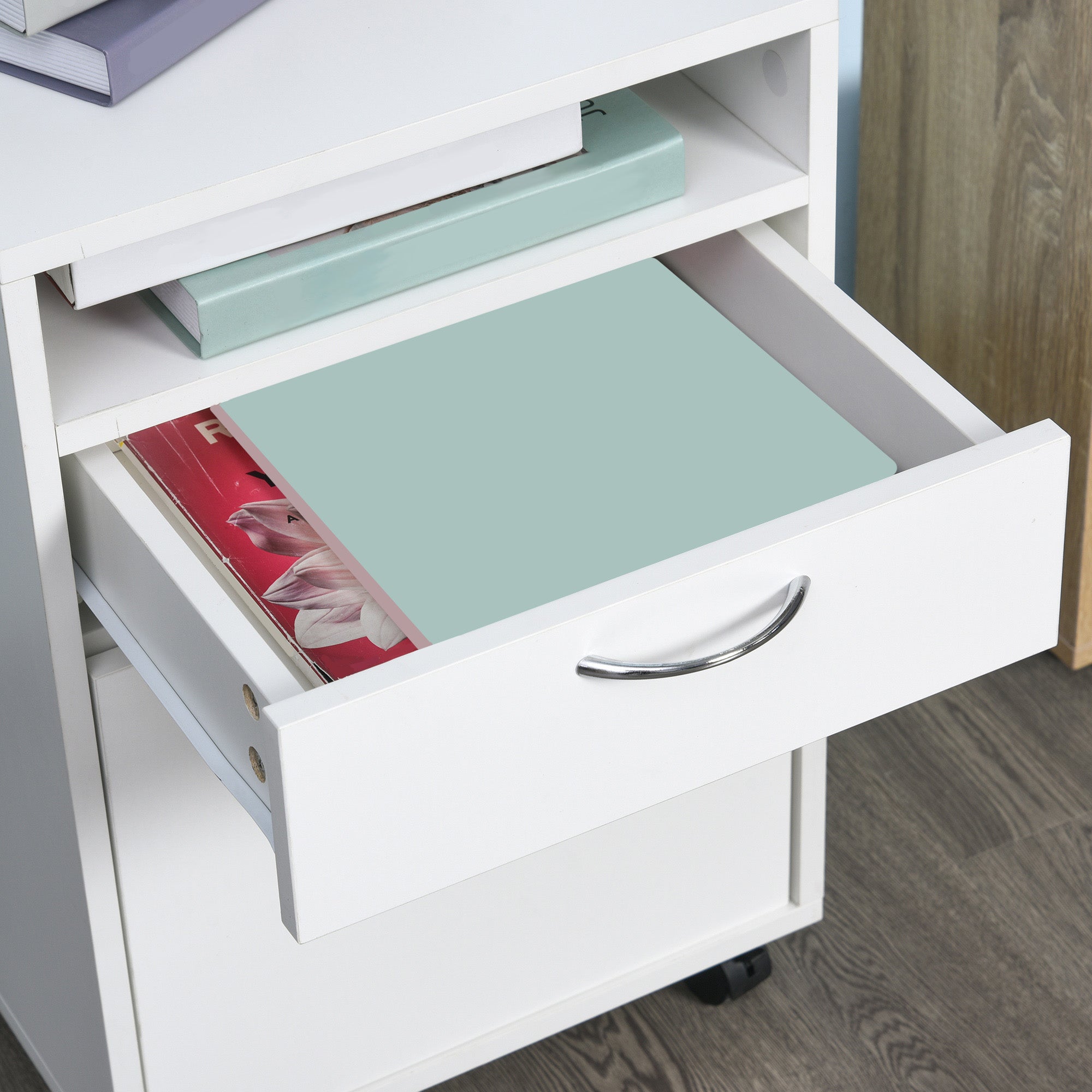 HOMCOM 60cm Storage Cabinet with Drawer, Open Shelf, Metal Handles and 4 Wheels, Office Home Organiser Mobile Printer, White - North Peak Garden Furniture