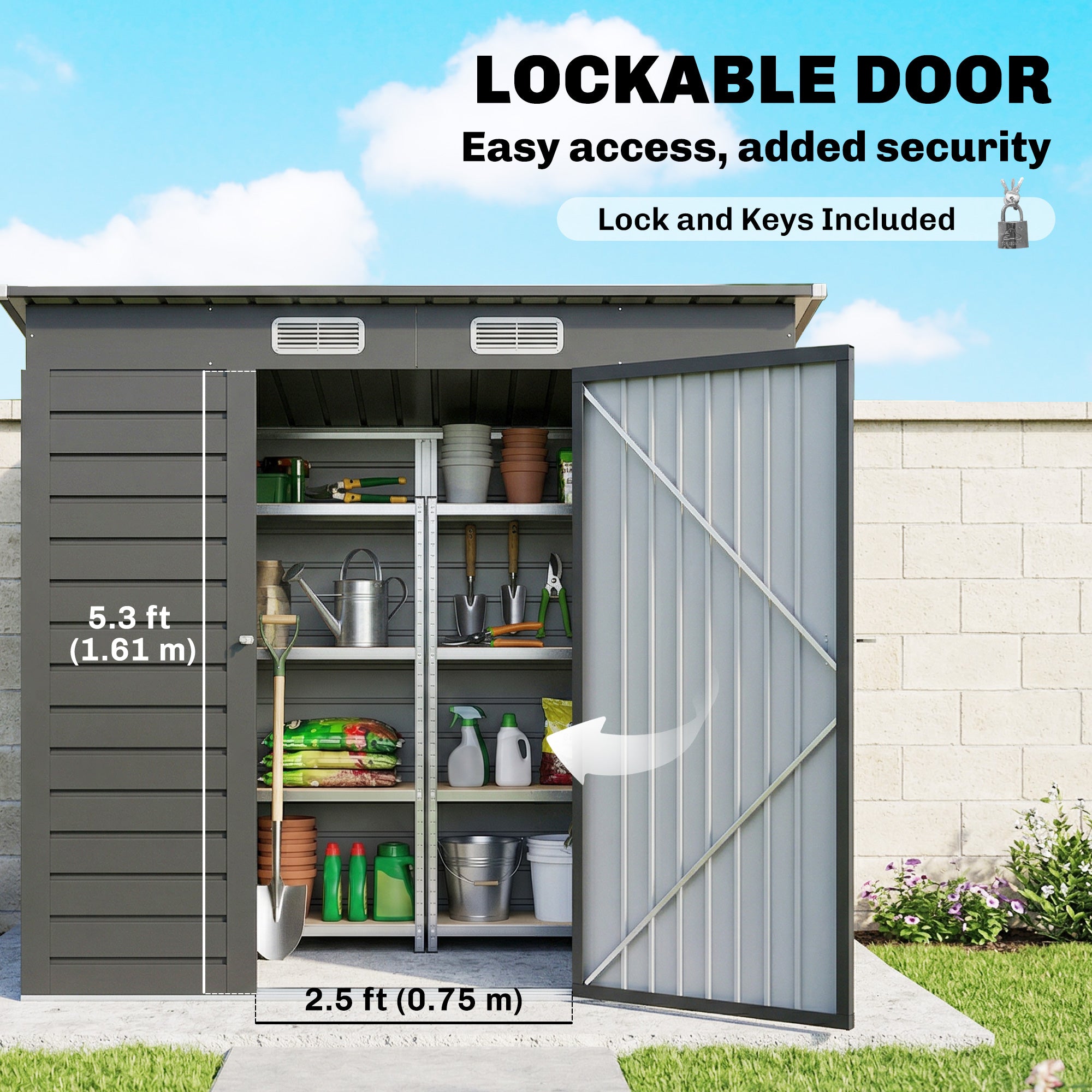 Outsunny 6.3 x 4.3FT Garden Shed. Galvanised Metal Shed, Outdoor Tool Storage Shed with Pent Roof, Lockable Door and 2 Vents, Grey