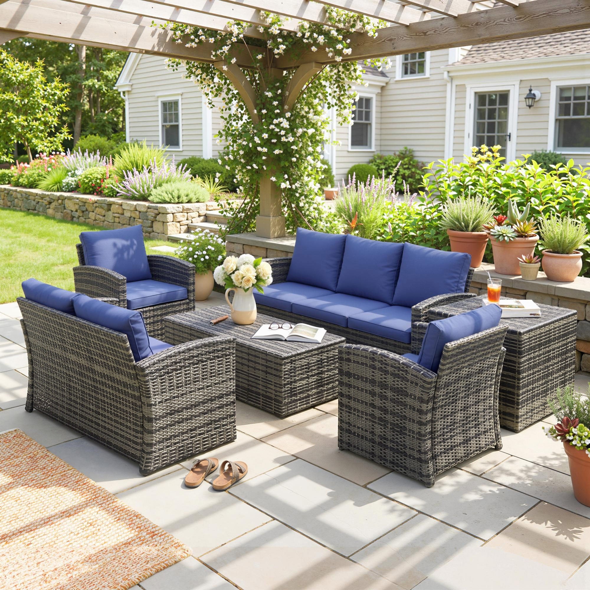 Outsunny 6 Pieces Rattan Garden Furniture Set, 7 Seater Wicker Outdoor Furniture Set with Storage Tea Table & Side Table, Sectional Garden Sofa Set with Cushions, Navy Blue