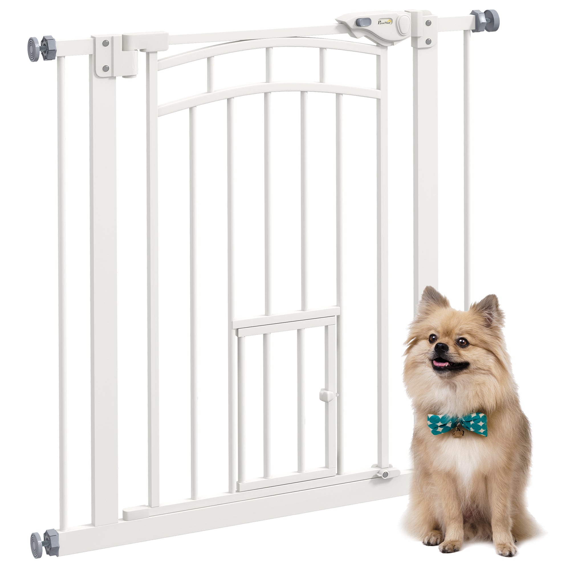 PawHut Pressure Fit Stair Gate, Dog Gate w/ Small Cat Door, Auto Closing System, Double Locking Openings, 74-80cm - White - North Peak Garden Furniture