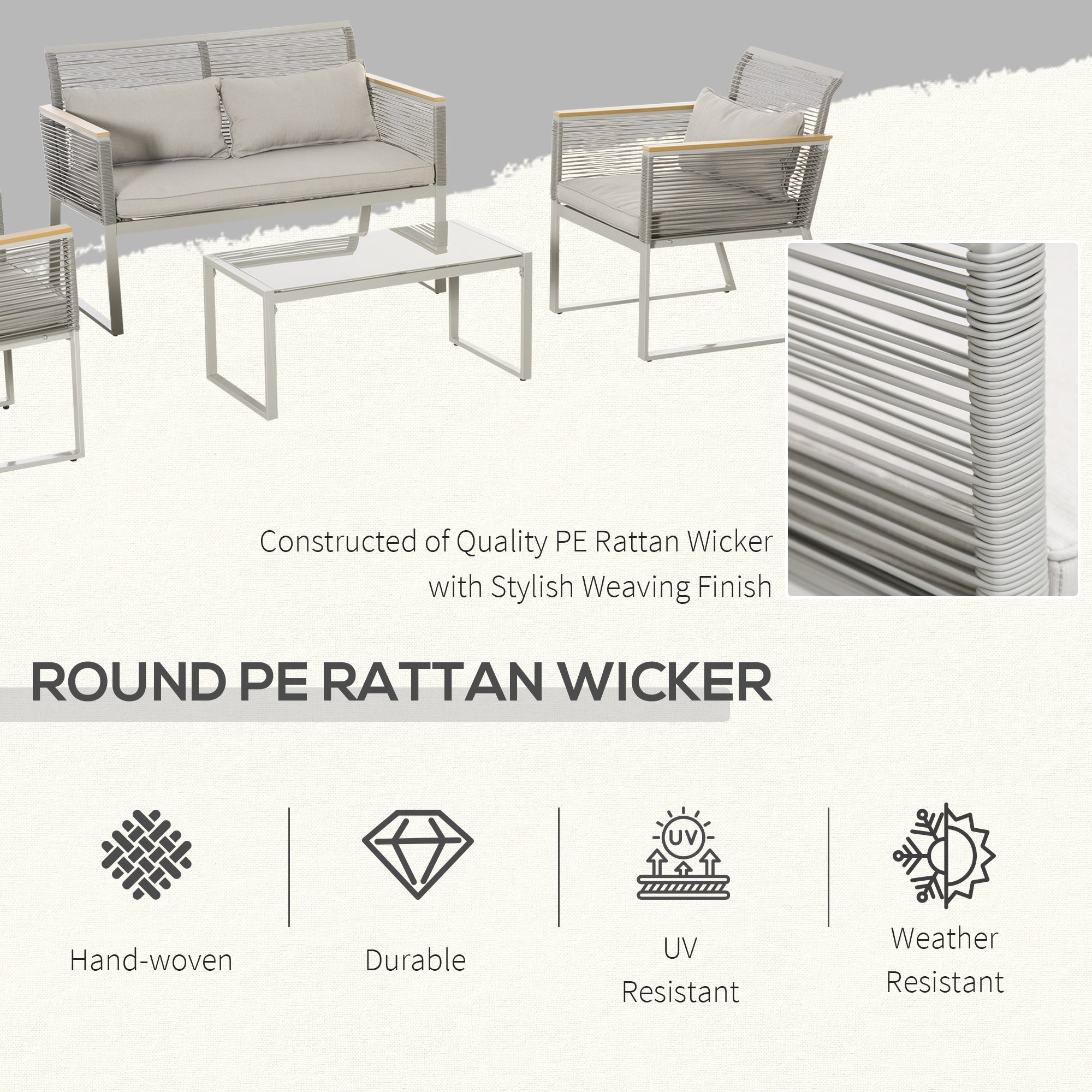 Outsunny 4 Pieces Patio Wicker Sofa Set, Outdoor Metal Frame Wrapped Round PE Rattan Conservatory Furniture, w/ Cushions, Pillows & Tempered Glass Table for Backyard, Garden, Grey - North Peak Garden Furniture