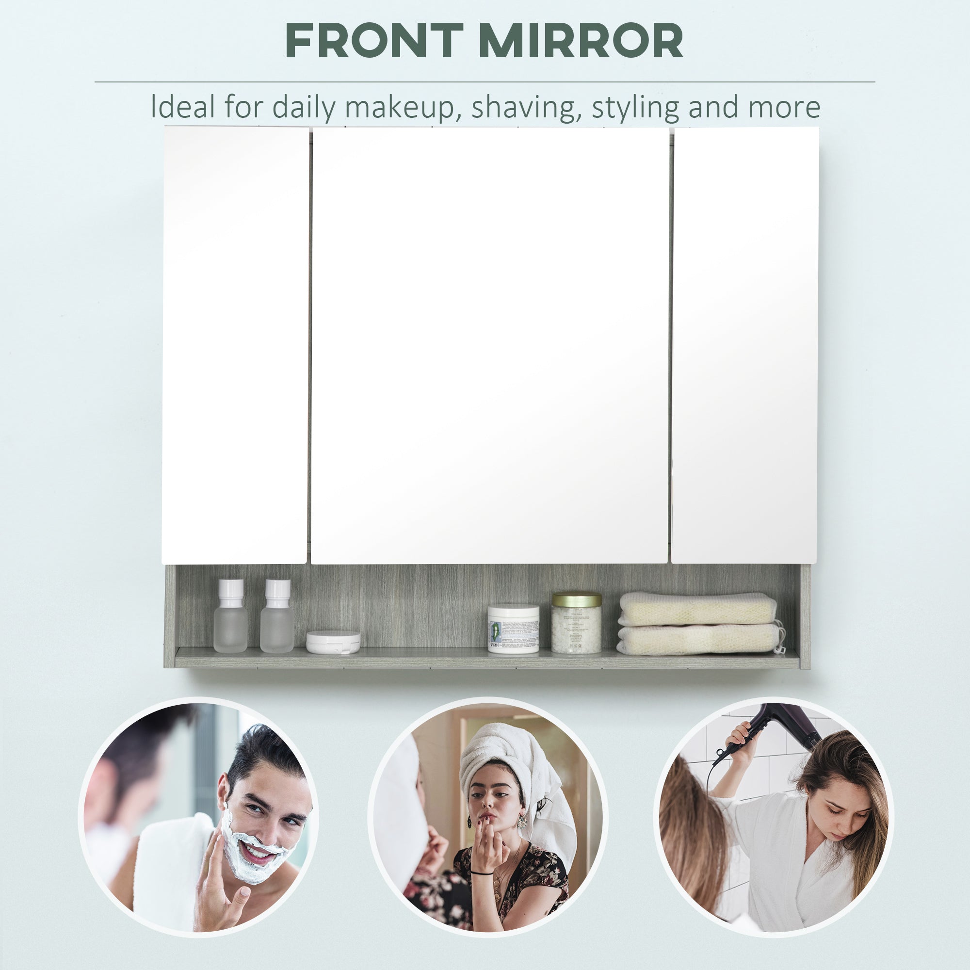 kleankin Bathroom Mirror Cabinet, Wall Mounted Storage Cabinet with Adjustable Shelves, 3 Doors and Cupboards, Grey - North Peak Garden Furniture