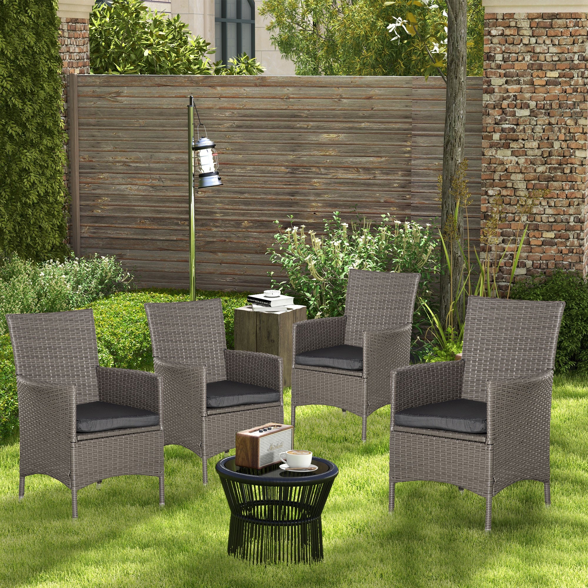 Outsunny Set of Four Rattan Armchairs, with Cushions - Grey - North Peak Garden Furniture