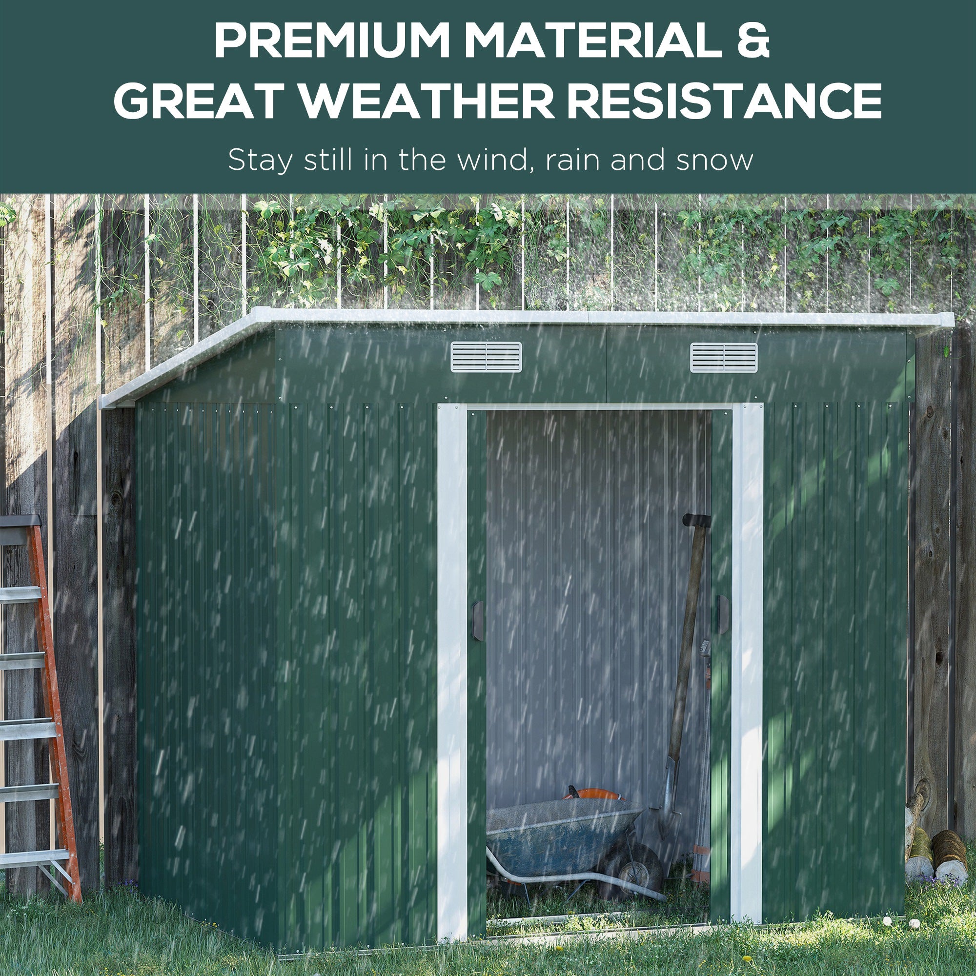 Outsunny 7 x 4ft Outdoor Storage Shed with Foundation Kit, Lean to Metal Garden Shed for Log, Rubbish Bin, Tool, Lawnmower, Bike, Patio and Lawn Use, Green - North Peak Garden Furniture