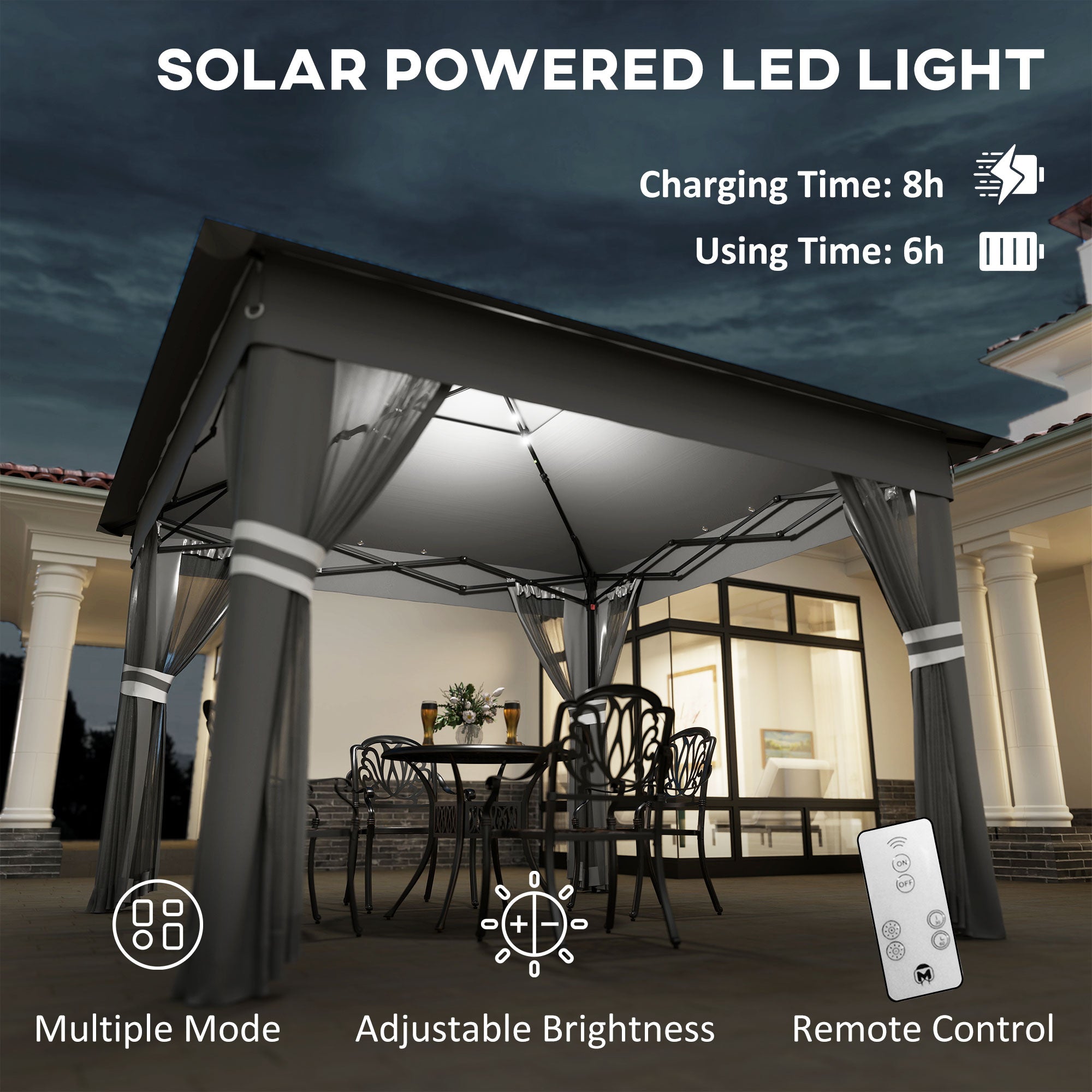 Outsunny 3 x 3(m) Pop Up Gazebo Party Tent with Solar-Powered LED Lights, Adjustable Event Shelter with Netting, Grey - North Peak Garden Furniture