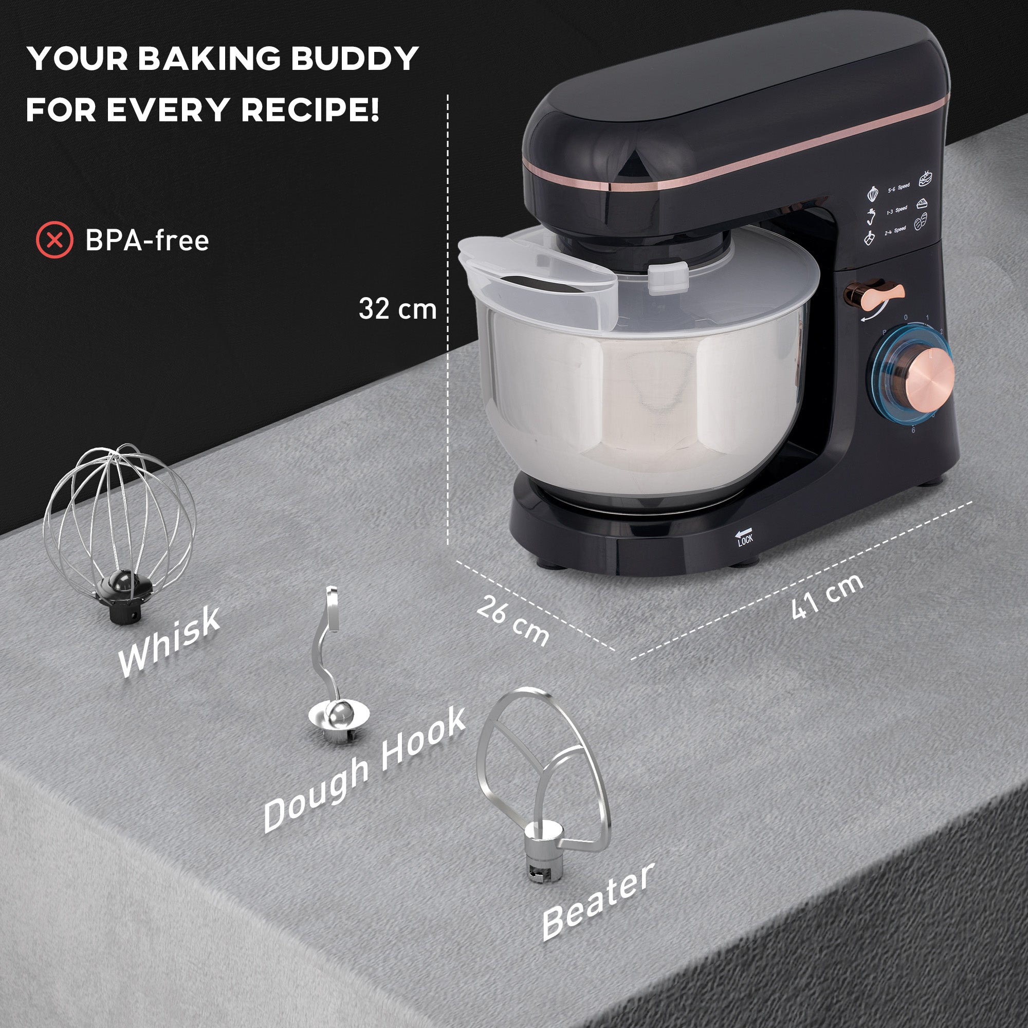 HOMCOM Stand Mixer, 5L Food Mixer for Baking, 6 Speeds and Pulse Setting, 1400W Cake Electric Kitchen Mixer with Dough Hook, Whisk, Stainless Steel Bowl, Splash Guard, Beater, Black - North Peak Garden Furniture