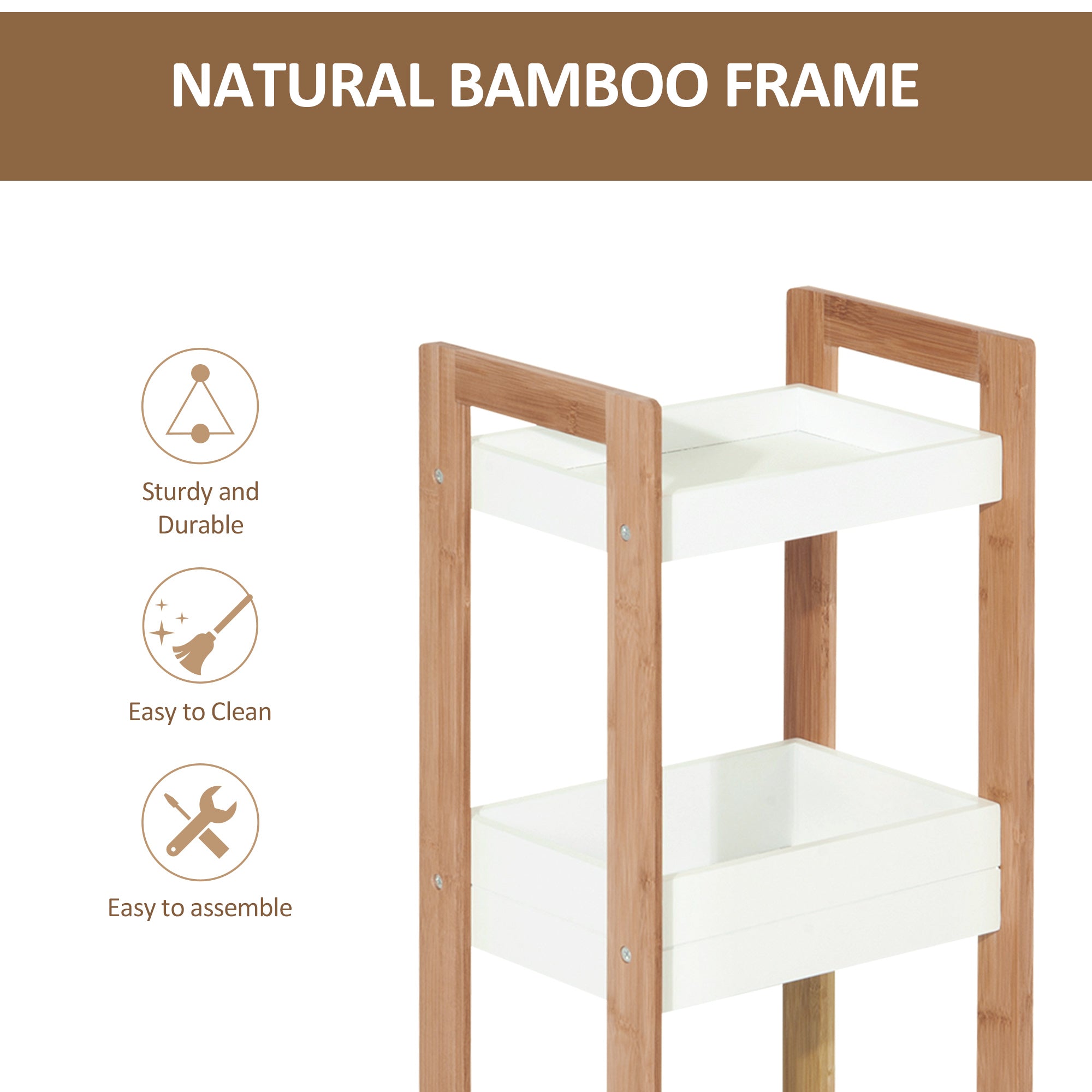HOMCOM 3-Tier Bathroom Rack Storage Shelf Bamboo Organiser Shower Tower for Narrow Place - North Peak Garden Furniture