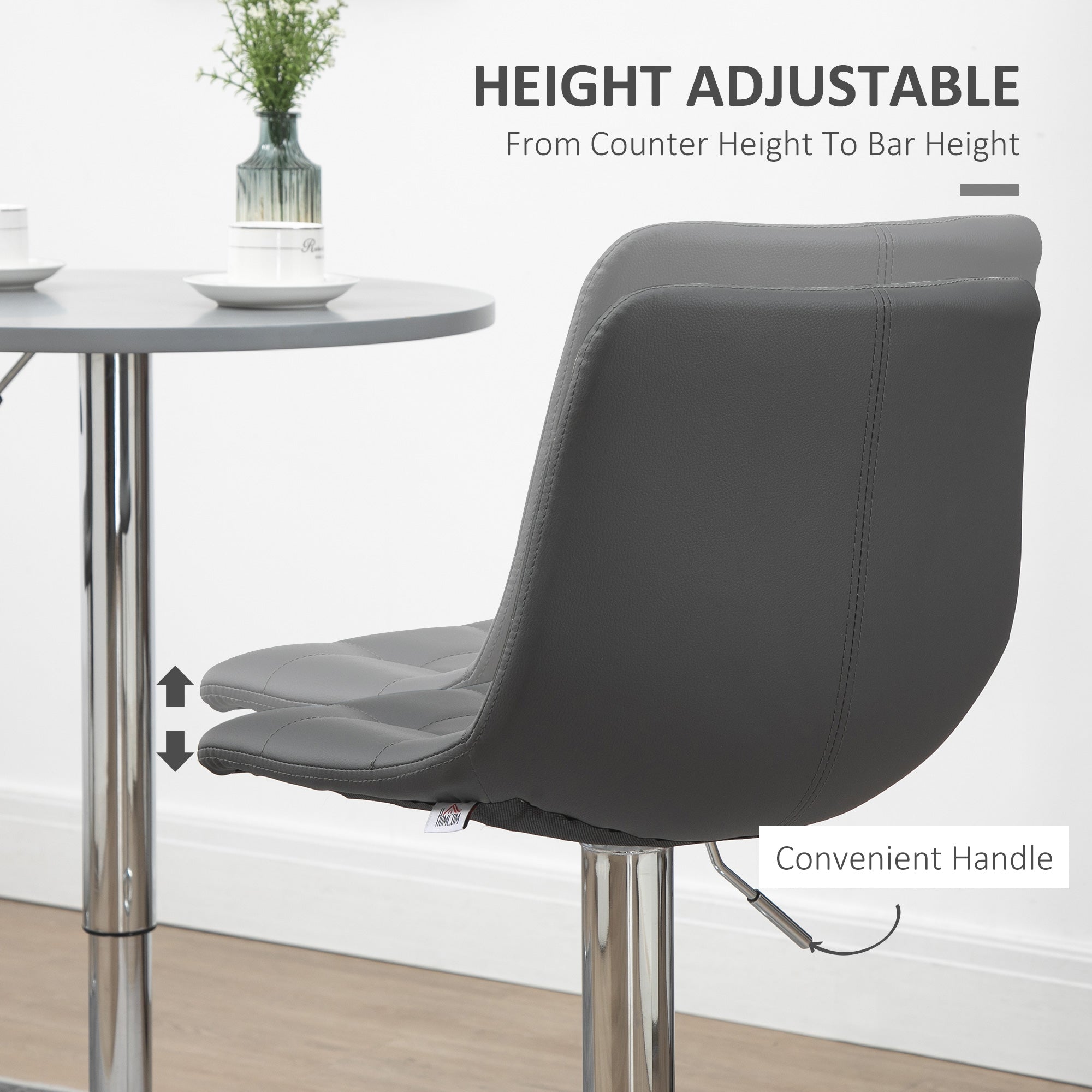 HOMCOM Adjustable Bar Stools Set of 2, Swivel PU Leather Upholstered Barstools with Tufted Seat and Back, Breakfast Bar Chairs for Kitchen Counter, Grey - North Peak Garden Furniture