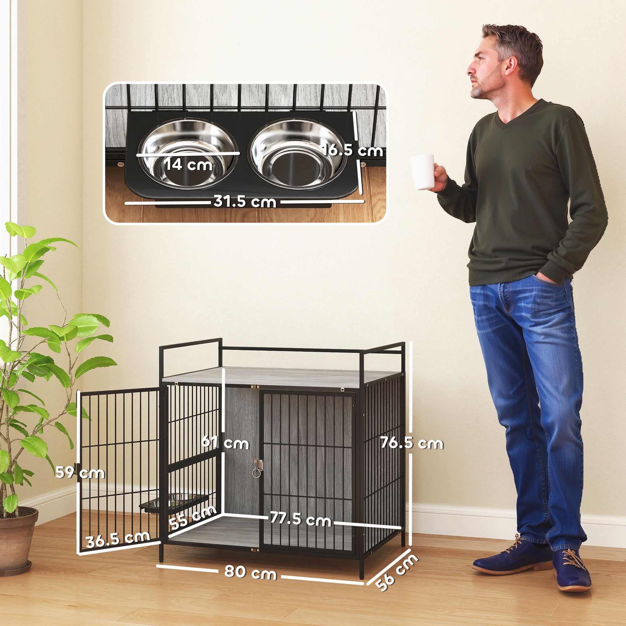 PawHut Dog Crate Furniture with Rotating Bowl Holder, 2 Bowls, 2 Doors, for Medium Dogs, 80 x 56 x 76.5 cm, Grey - North Peak Garden Furniture