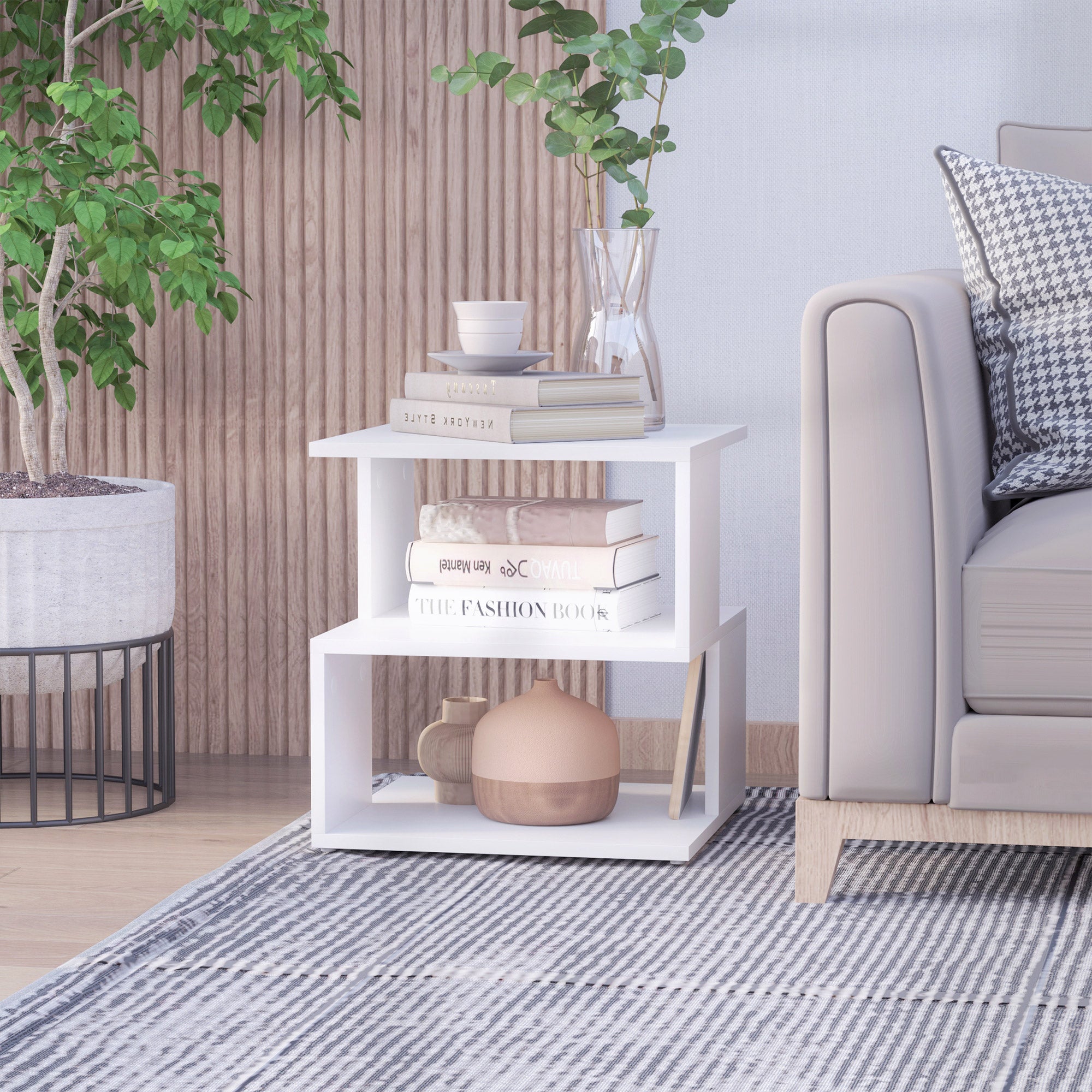 HOMCOM Side Table Square Coffee Table Modern End Table with 2 Tier Storage Shelves for Living Room, Bedroom, White - North Peak Garden Furniture