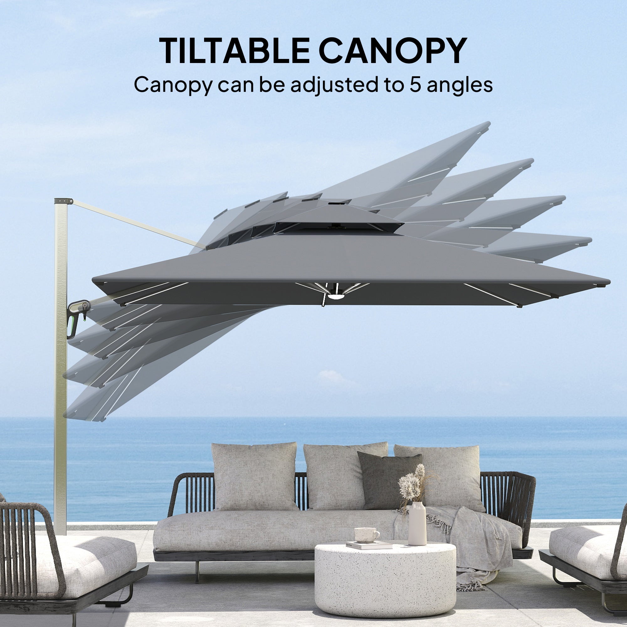Outsunny 3(m) Garden Cantilever Parasol with Solar LED Lights, Cross Base, 360° Rotation, Crank Handle and Tilt, Grey - North Peak Garden Furniture
