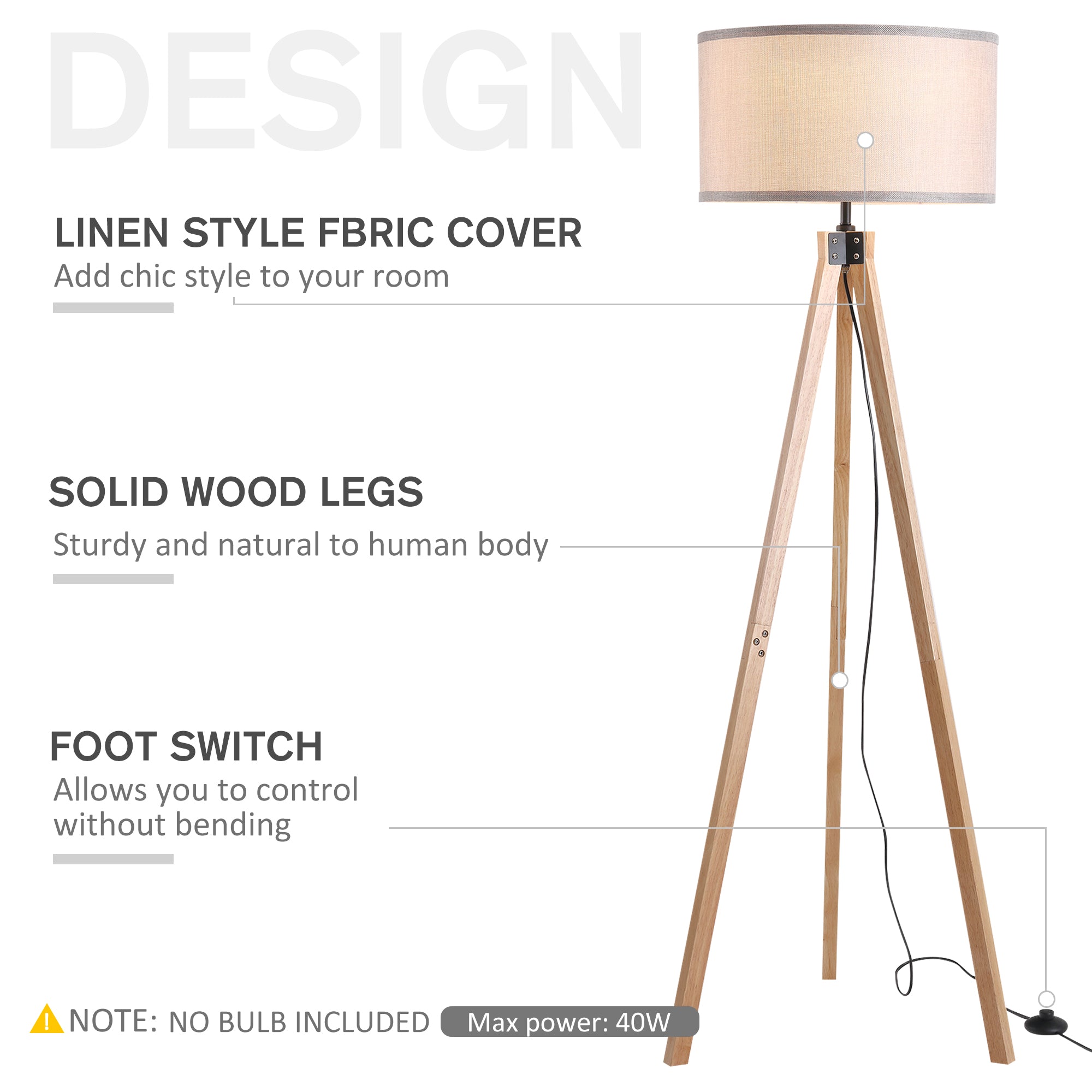 HOMCOM 5FT Elegant Wood Tripod Floor Lamp Free Standing E27 Bulb Lamp Versatile Use For Home Office - Beige - North Peak Garden Furniture