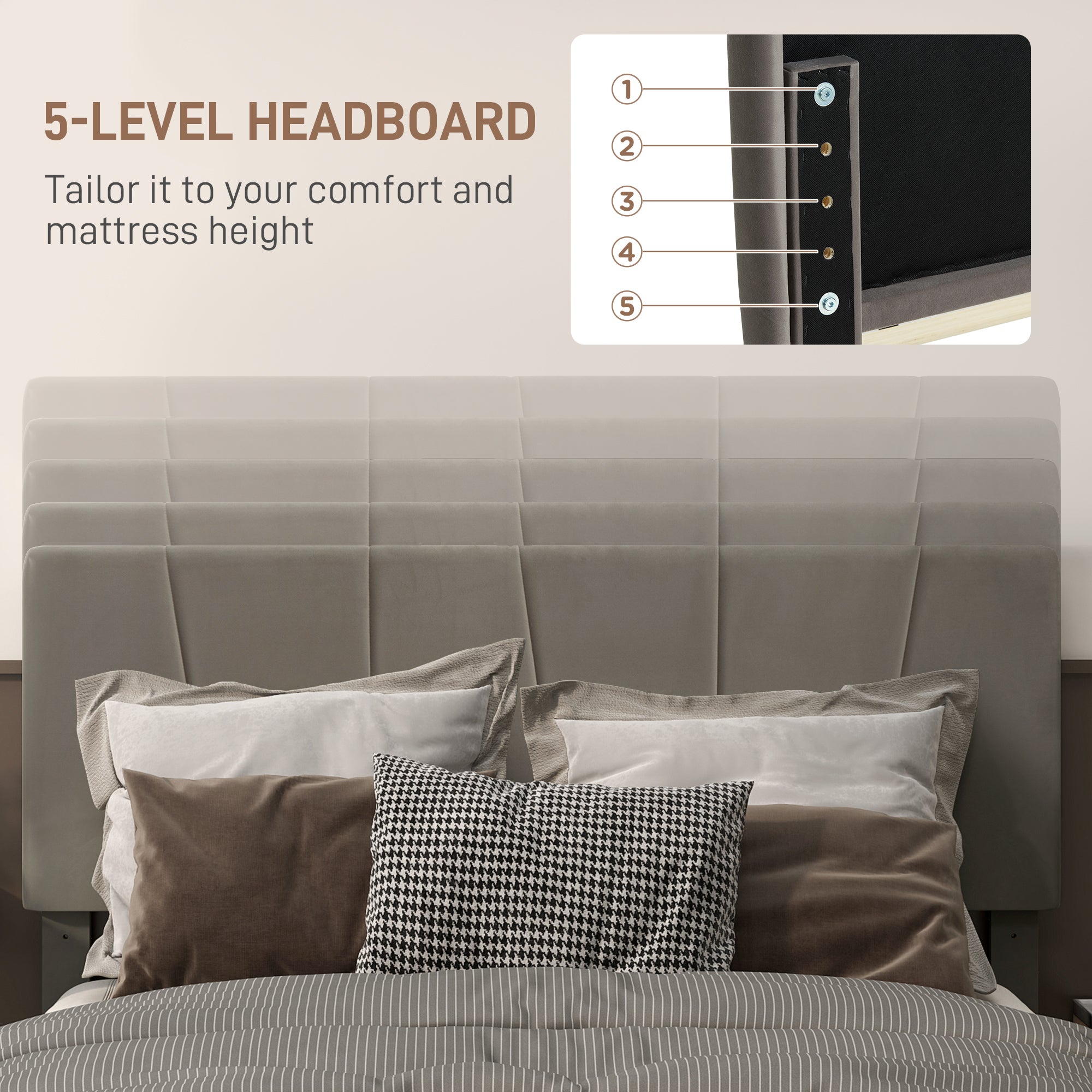 HOMCOM King Velvet-Feel Headboard Bed Frame - Grey - North Peak Garden Furniture