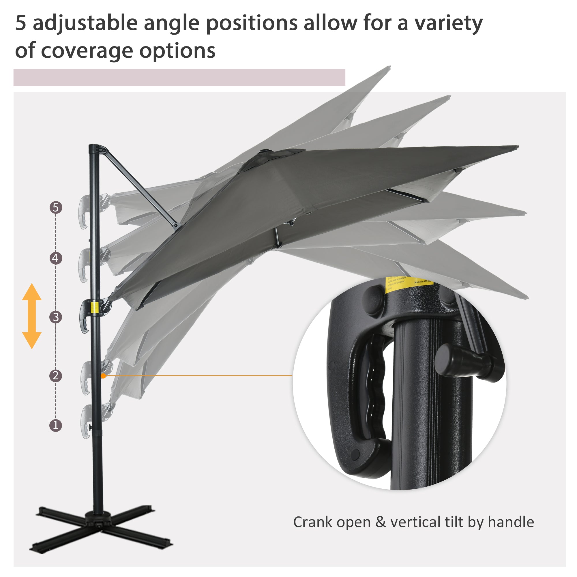 Outsunny 2.5 x 2.5m Patio Offset Parasol Umbrella Cantilever Hanging Aluminium Sun Shade Canopy Shelter 360° Rotation with Crank Handle and Cross Base, Grey