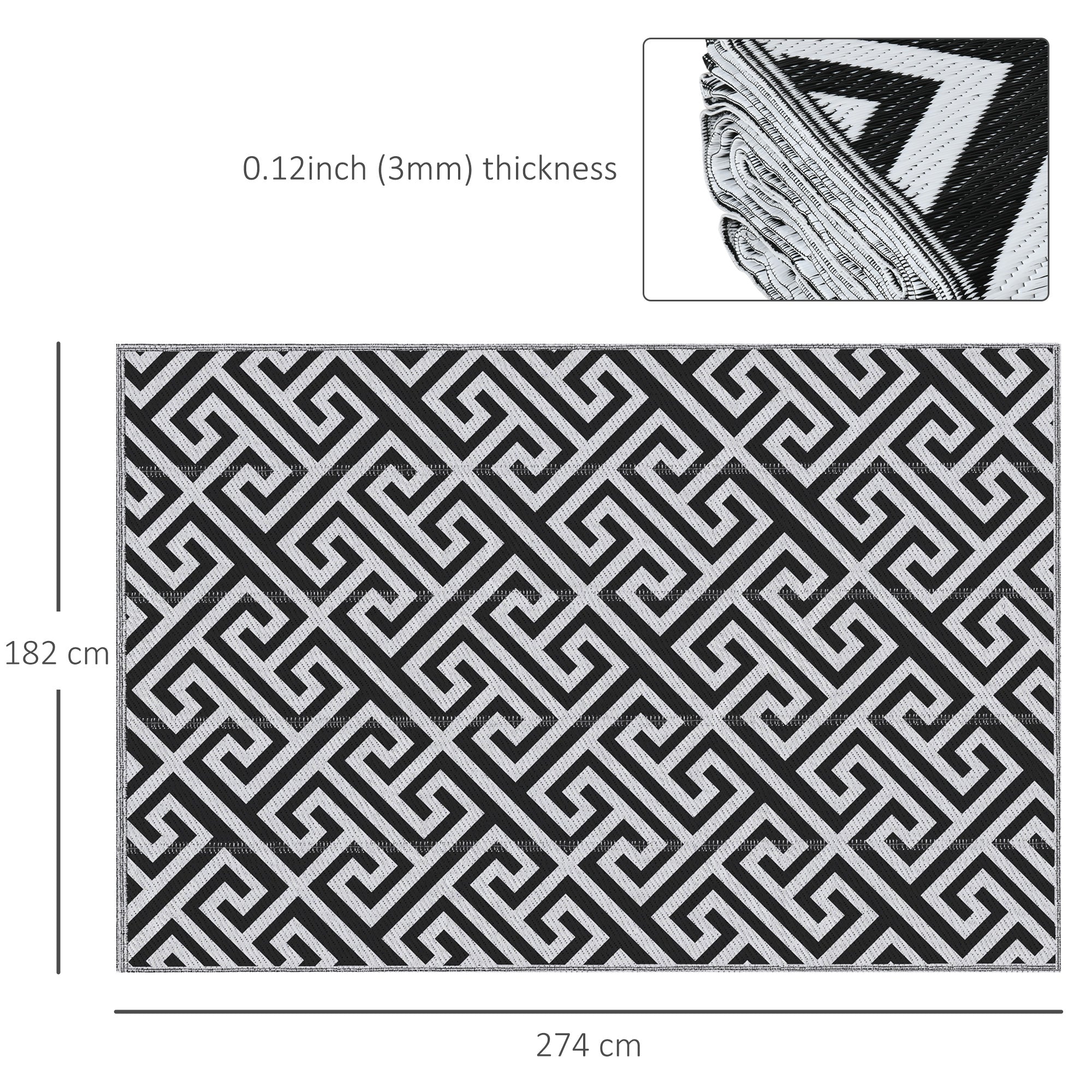 Outsunny 182 x 274 cm(6x9ft) Outdoor Rug Reversible Mat Plastic Straw Rug Portable RV Camping Mat for Garden Deck Picnic Indoor, Black & White - North Peak Garden Furniture