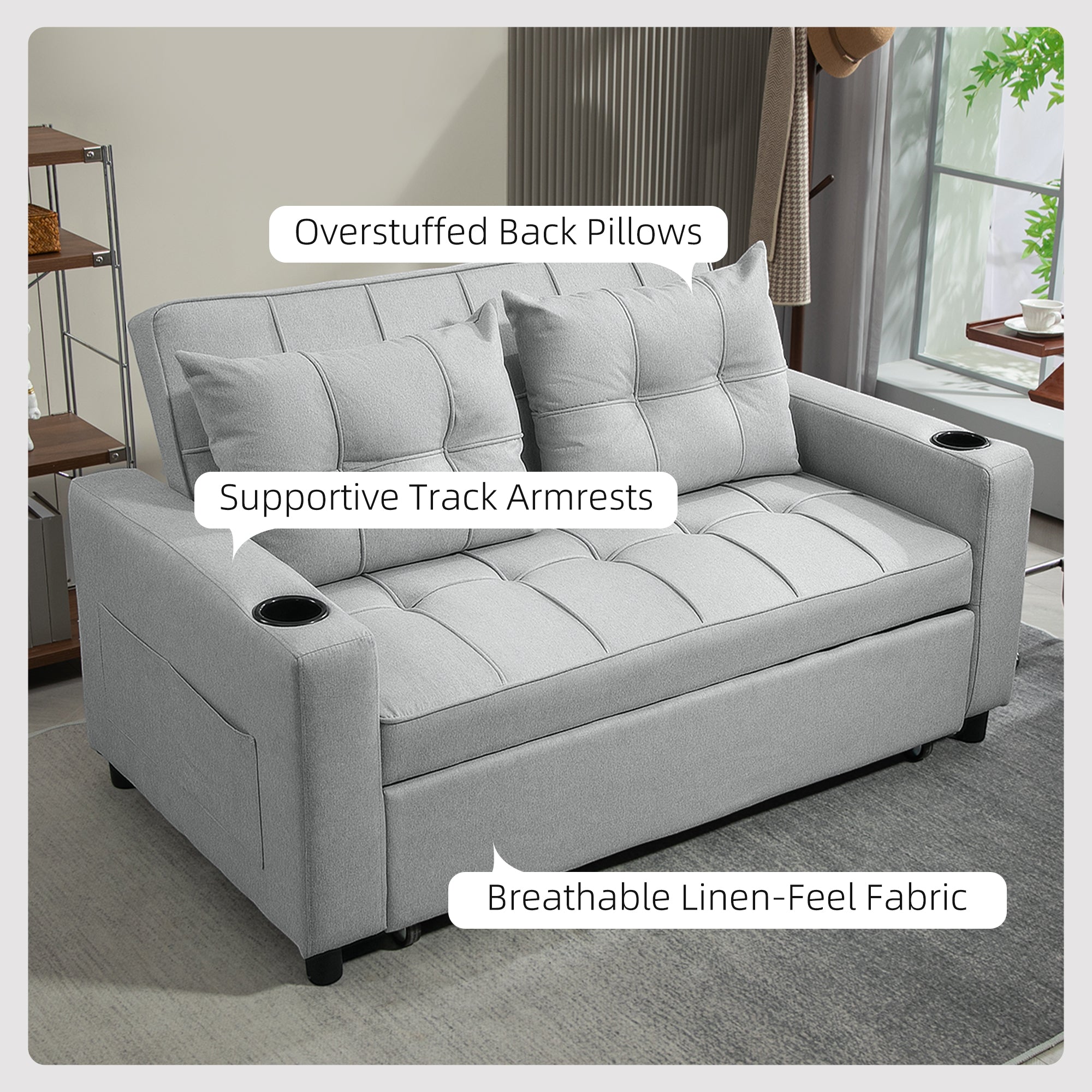 HOMCOM Two-Seater Pull-Out Sofa Bed - Light Grey - North Peak Garden Furniture