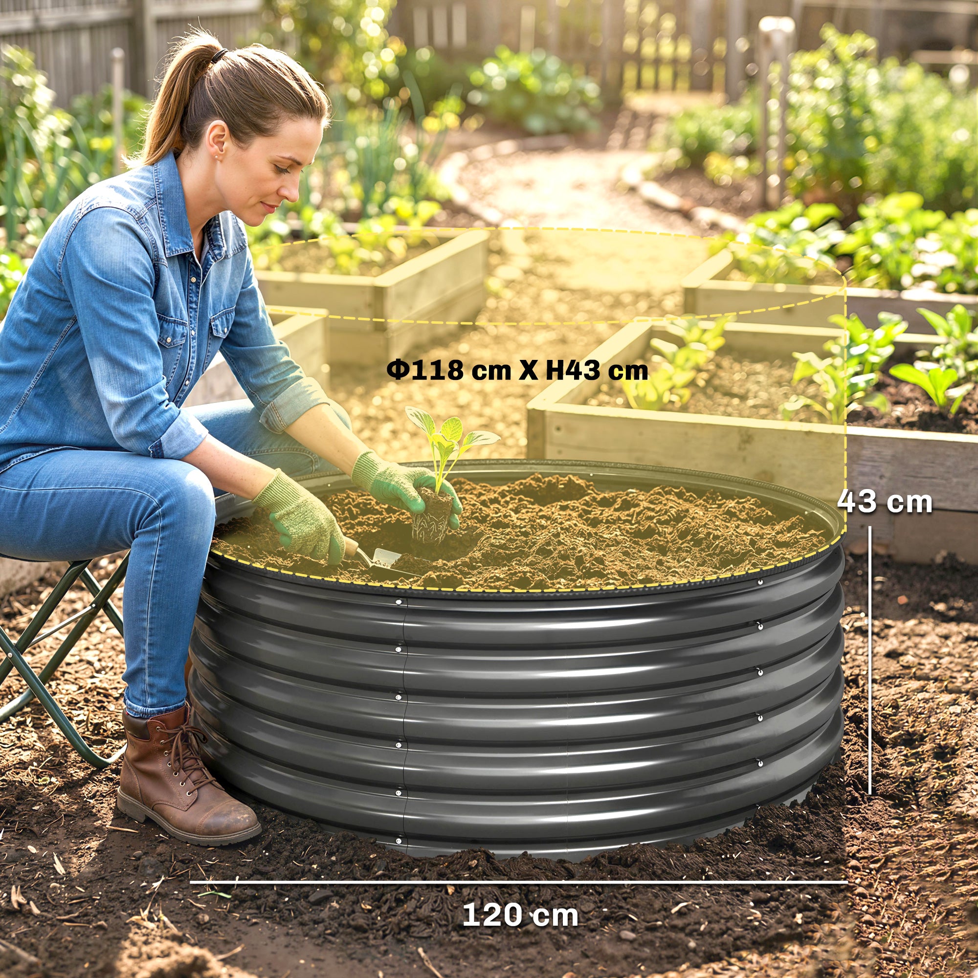 Outsunny Galvanised Raised Garden Bed with Safety Edging, Outdoor Raised Planter Box with Gloves, 120 x 120 x 43cm, Dark Grey